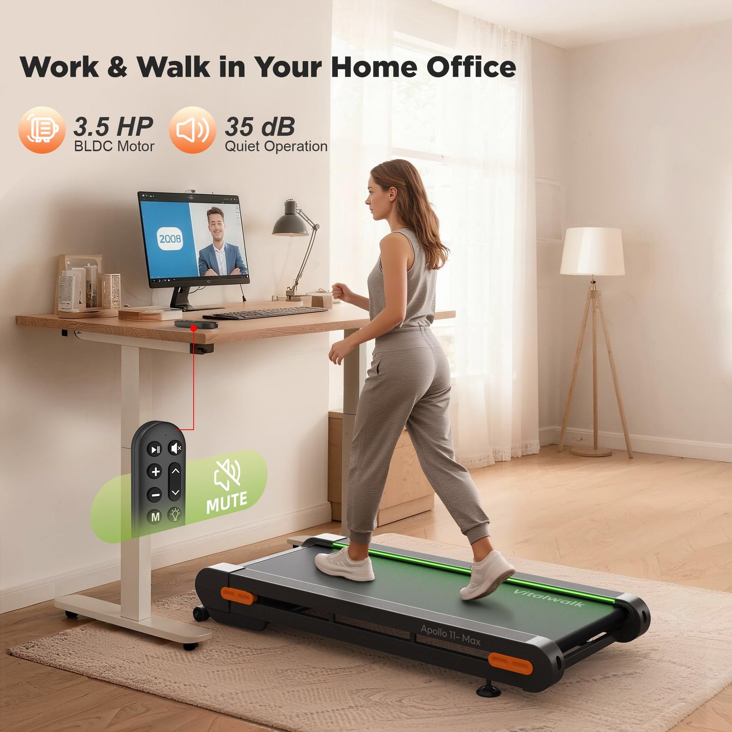 Walking Pad Treadmill with Incline, Full Deck, Auto Incline 12%-20%, 400/350lbs Capacity, Vitalwalk Compact Under Desk Treadmills for Home Office, 3.0HP Brushless, Vertical Store, Apollo 11 Max