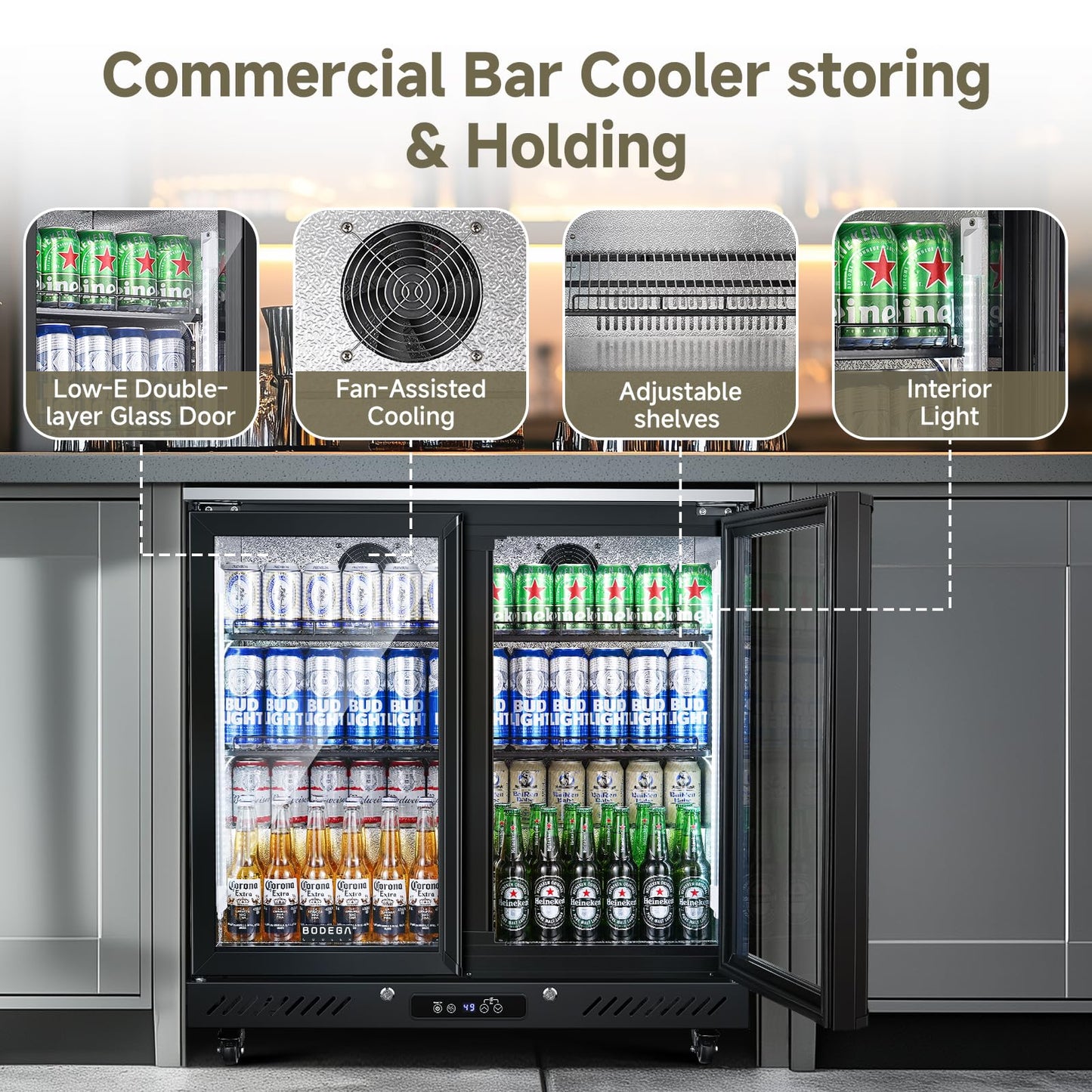 BODEGACOOLER Back Bar Cooler with 2 Glass Doors,7.7 Cu.ft Commercial Back Bar Beverage Refrigerator Counter Height,LED Lighting for Soda Drinks,Beer,Wine Stainless Steel Top,DOE Approved,4 Casters