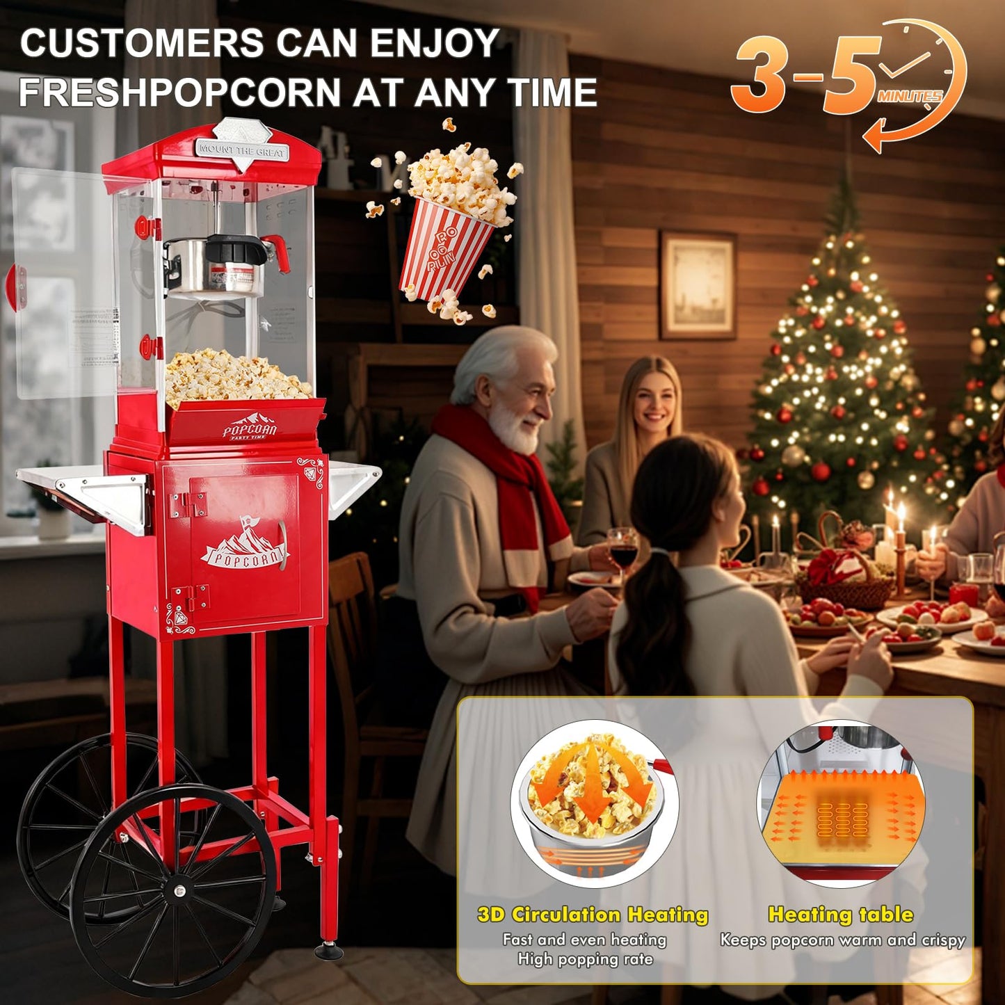 Nyddle Popcorn Machine with Cart, Wheels & 10 Oz Kettle Popcorn Maker, Movie Theater Popcorn Maker Machine, Home Theater Popcorn Popper Measuring 3 Plastic Spoons