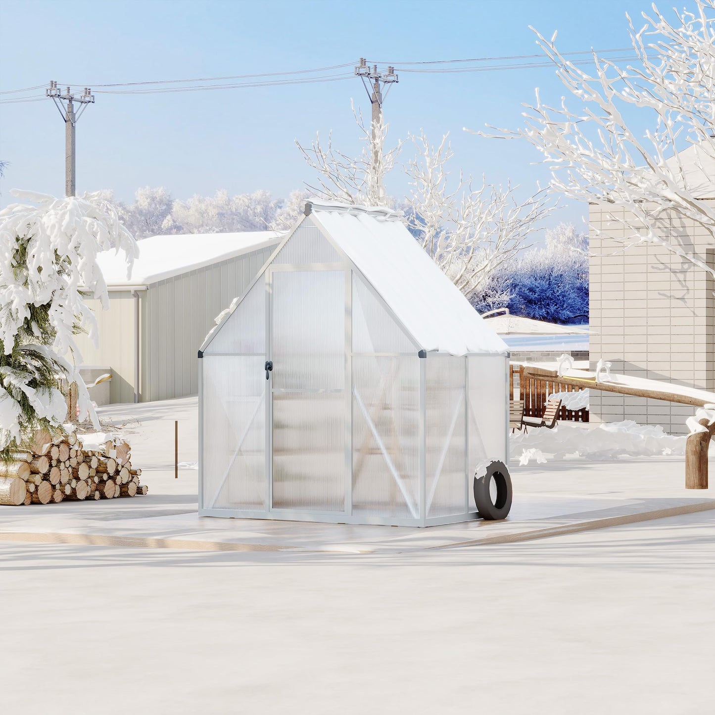 Polycarbonate Greenhouse for Outdoors, Large Walk-InGreenhouse with Quick Setup Structure and Roof Vent, Greenhouse with Ventilation