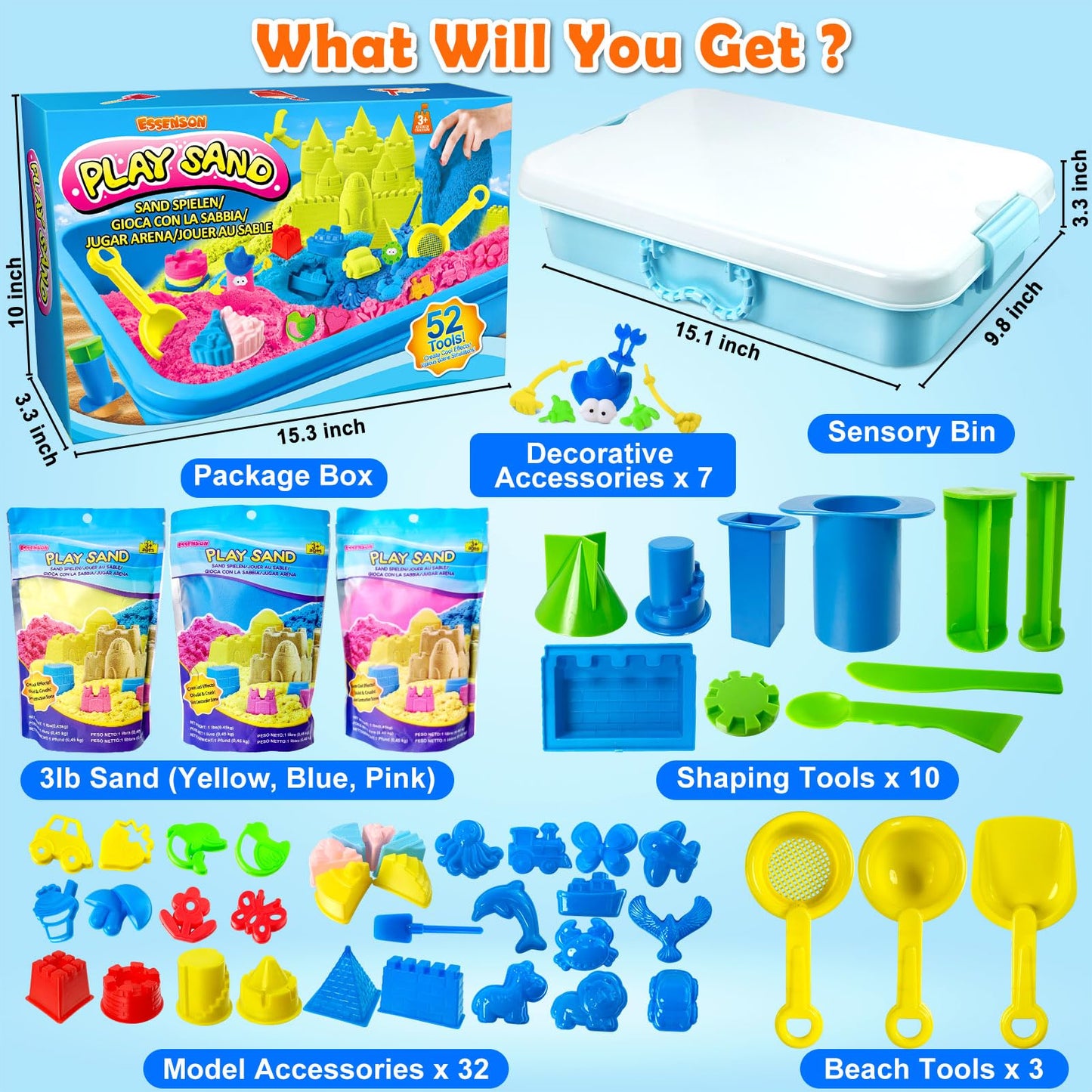 ESSENSON Sensory Bin - 52 PCS Play Sand Kit with 3lbs Magical Sand, Beach Toys Castle Molds Sand Molds, Sensory Toy Sandbox, Kids Gifts for Girls and Boys