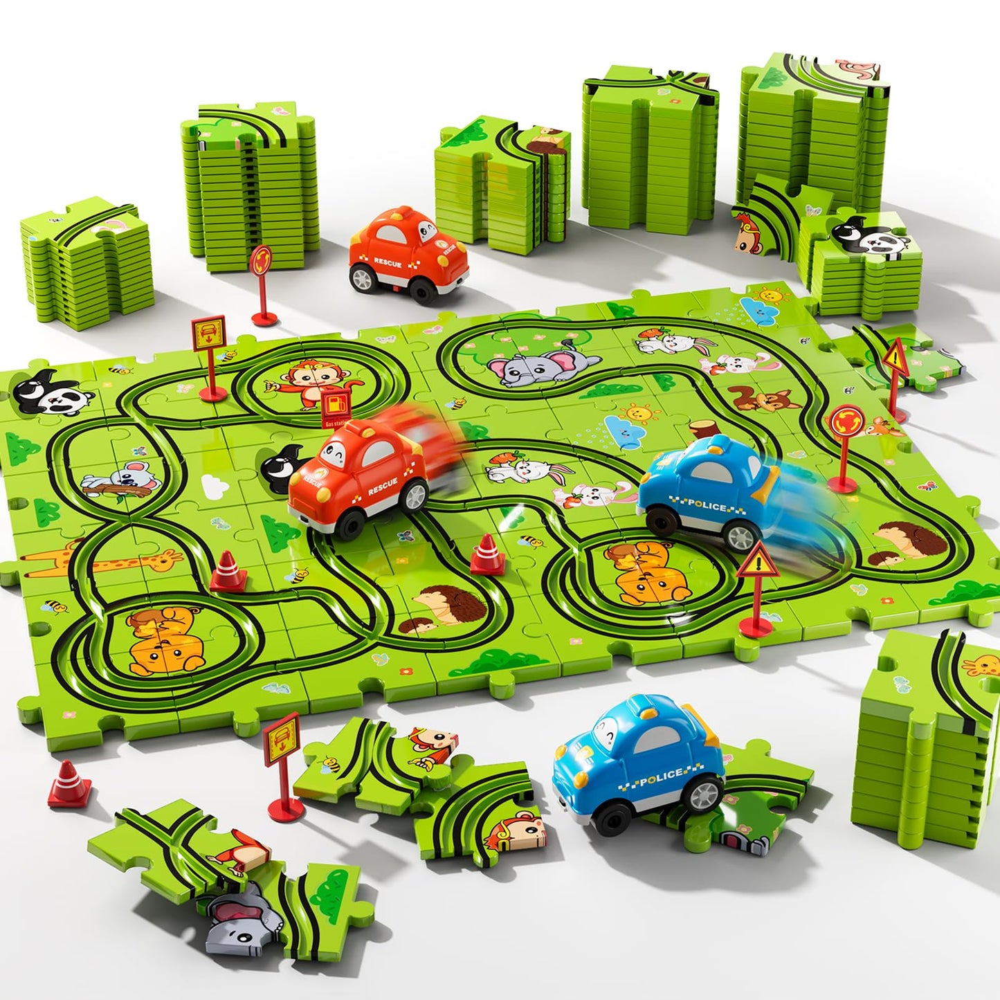Beby Buty 48PCS Puzzle Race Track Car Set Toys for Kids Boys, Floor Puzzle Car Tracks for Boys Ages 3-5 4-6, Toddler Toys Gifts for 3 4 5 Year Old Kids, Ideal 3 4 5 6 Year Old Birthday Gifts