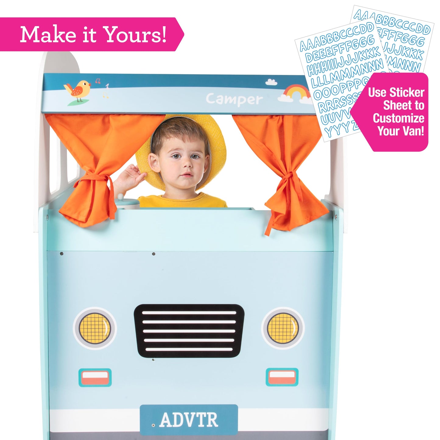 Wooden Play Camper Van Toy Playset w Steering Wheel, Kitchen, Stove, Oven, Bed, Pillow, Pretend Shower, Curtains, Personalization Stickers- Indoor Retro Car Camping, Travel RV Adventure- Ages 3+ Gift