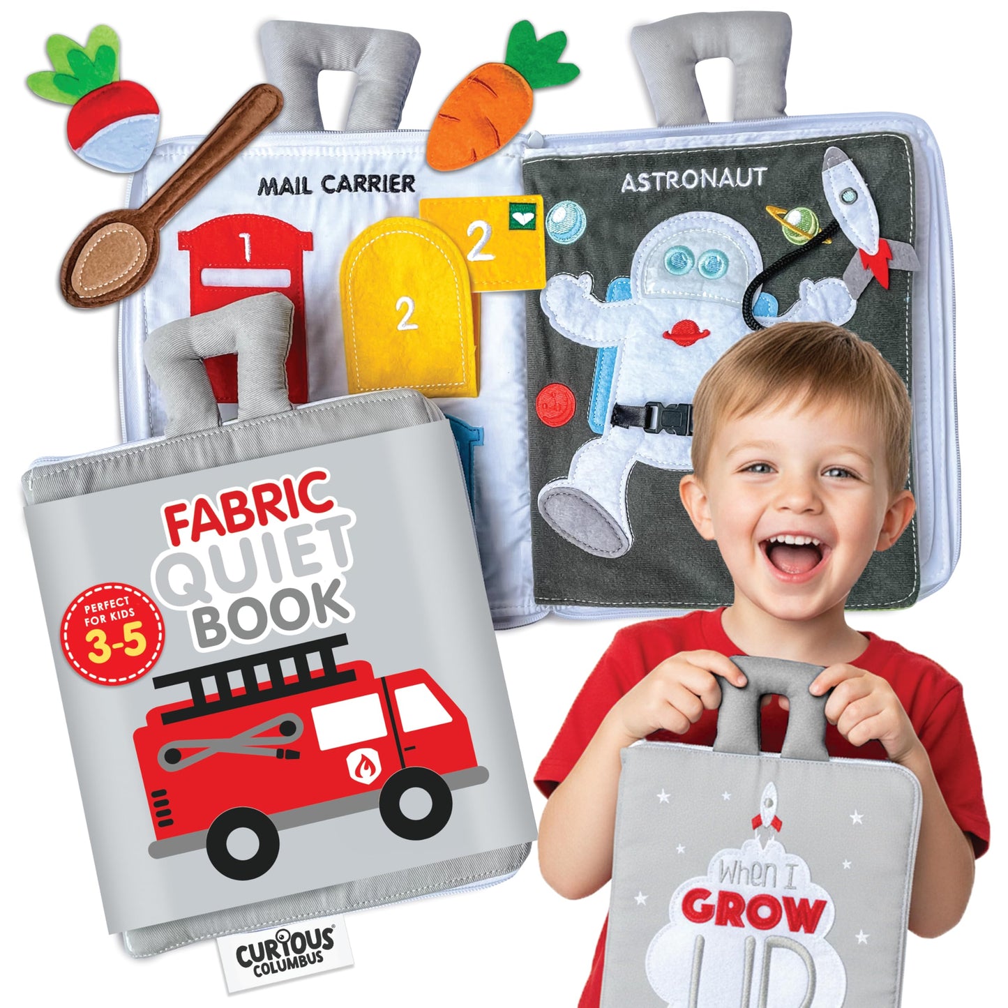 Curious Columbus Quiet Book Fabric Busy Book - Airplane Travel Toys for Kids - Montessori Toy Preschool Activity Books - Fun and Educational Fabric Book