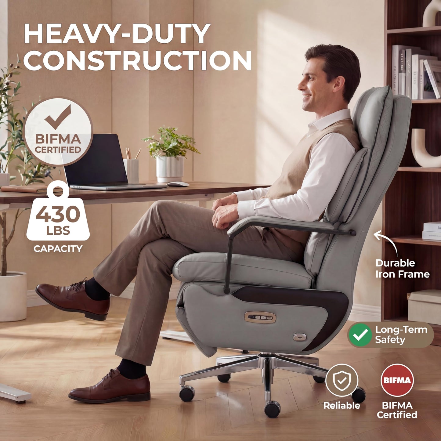 Dual Motor Executive Reclining Office Chair with Footrest – One-Click Electric Recline, Massage Lumbar Support & Pillow, Big and Tall PU Leather Ergonomic Desk Chair for Home Office/Gaming(Gray)