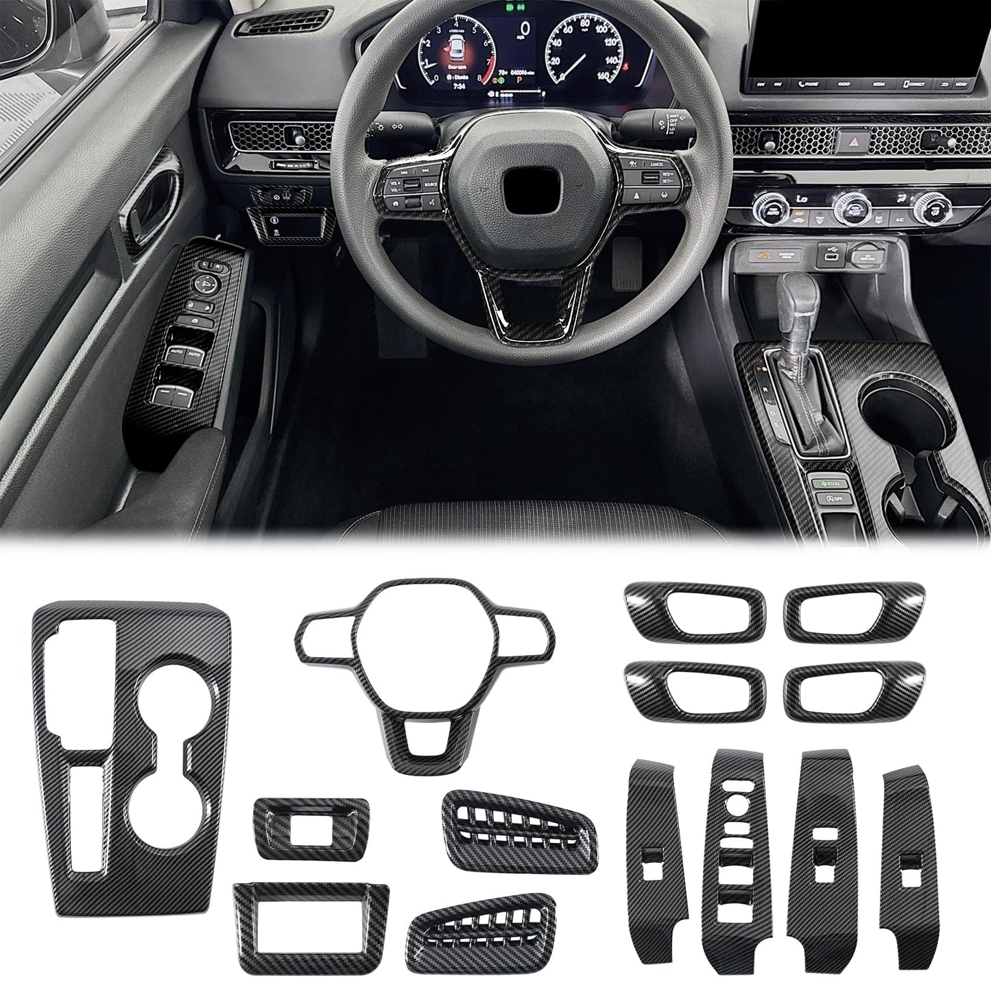 Fancemot 14 Pcs Carbon Fiber Interior Kit Compatible with 2022-2026 11th Gen Honda Civic, AC Air Vent Cover Steering Wheel Cover Gear Shift Panel Cover Inner Door Handle Cover