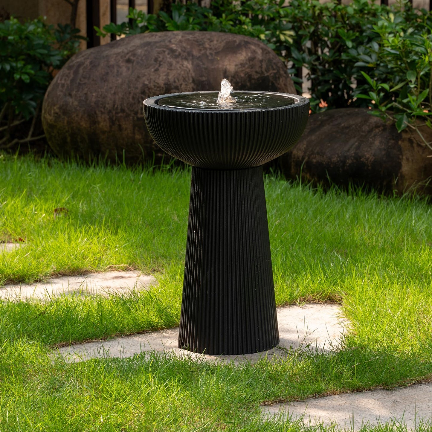Puulye 23.23" H Outdoor Water Fountain Made with Eco-Friendly Recyclable Materials, Polyethylene Bird Bath Bubbler Water Fountain Outdoor, Garden Decor with LED Light & Pump for Patio (Black)