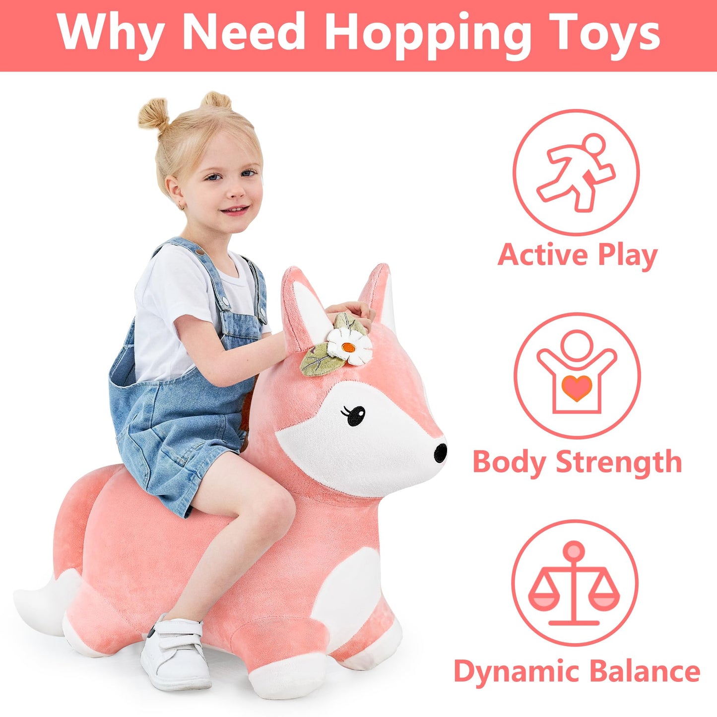iPlay, iLearn Bouncy Pals Hopping Fox Horse, Toddler Girl Inflatable Bouncing Animal Hopper Toy, Outdoor Indoor Plush Ride on Bouncer, Baby Birthday Gift 18 Month 2 3 4 Year Old Kid - Fox