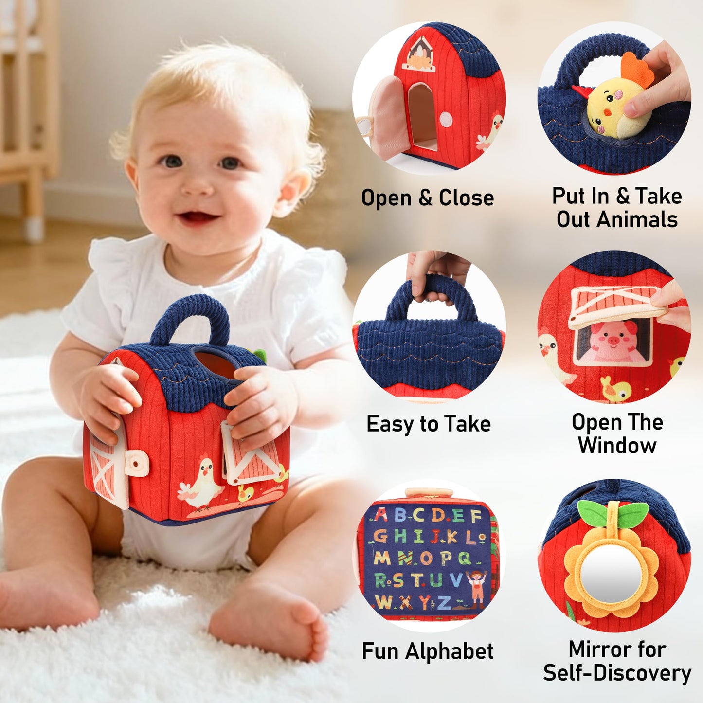 Baby Toys 6-12 Months - Soft Plush Surprise Barn Stuffed Farm Animals, Rattle, Crinkle, Mirror, Montessori Toys for Babies Sensory Toys for Toddlers 1-3, Baby Stocking Stuffers