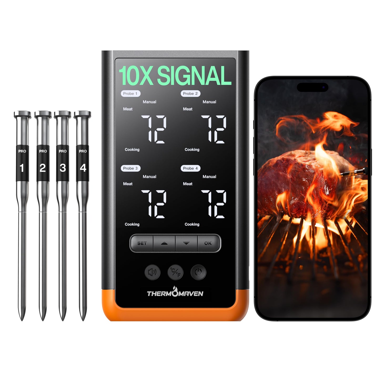 ThermoMaven Wireless Bluetooth Smart Meat Thermometer: Standalone Base, WiFi Thermometer with Sub-1G, 6 Sensors NIST Certified Accuracy, 4 Probes, for Kitchen, BBQ, Grill, Oven, Smoker, Rotisserie
