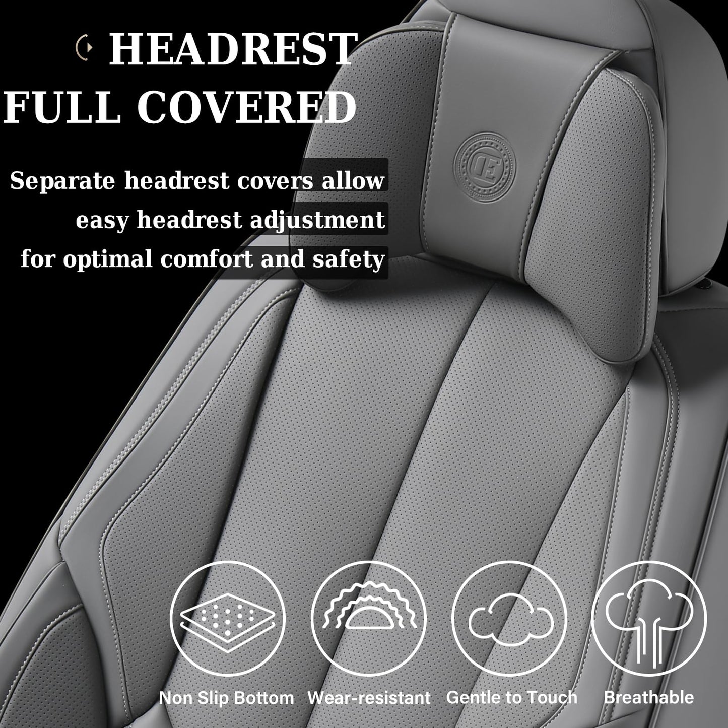 Coverado Universal Seat Covers Full Set, 5 Seats Universal Seat Covers for Cars, Waterproof Nappa Leather Car Seat Covers with Head Pillow, Auto Protectors Fit for Most Sedans SUV Pick-up Truck-Gray