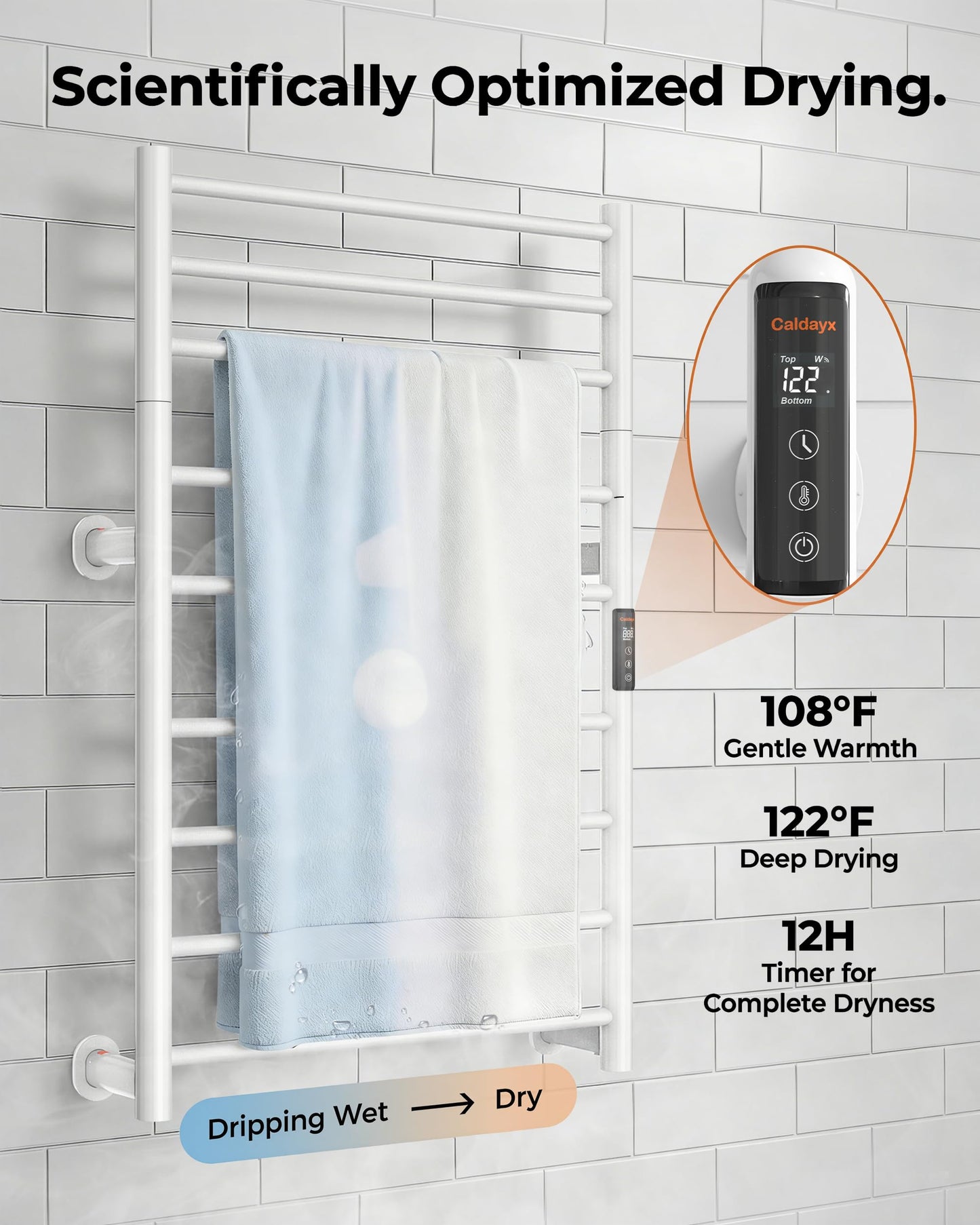 Caldayx Foldable Heated Towel Rack, Dual-Zone Electric Towel Warmer Rack with Timer, GFCI Plug-in or Hardwired, Wall-Mounted, Drill-Free Installation, Matte White, CA3-900X550-Standard-MW