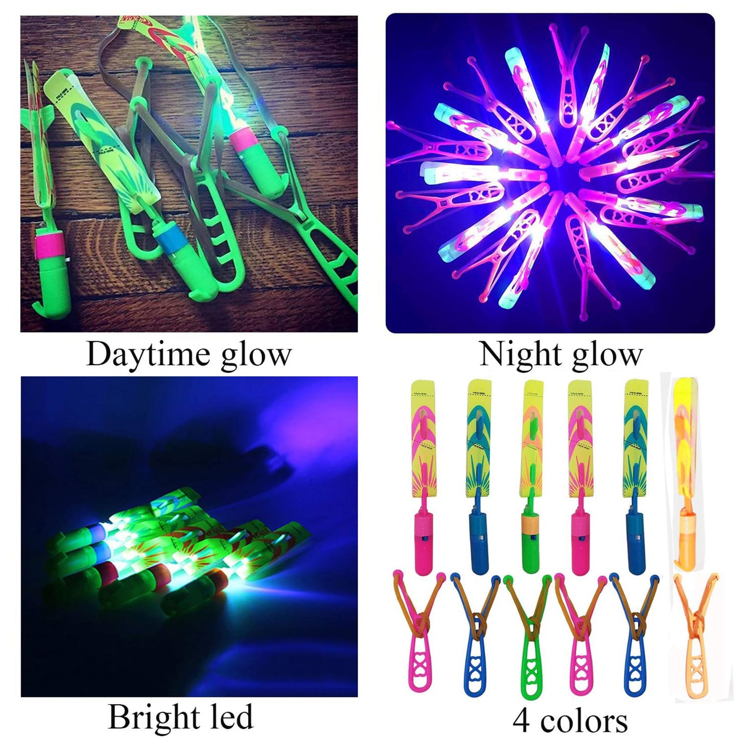 JX 24 Pack Rocket Slingshot Flying Toys with Led Lights,24Pcs LED Arrow Helicopters + 24Pcs Launchers,Summer Outdoor Game LED Slingshot Toy for Kids, Glow in The Dark Kids Party Supplies