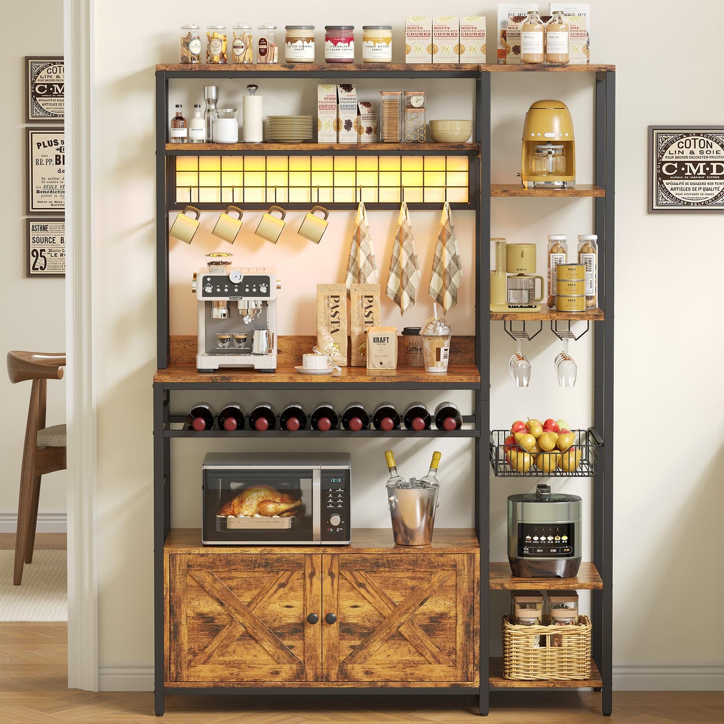 IRONCK Bakers Rack with Power Outlet, Kitchen Microwave Stand with Storage Cabinet, 47.24 Inch Coffee Bar Cabinet, Kitchen Racks with Shelves, LED Light, Globlet Holder and Wine Basket, Vintage Brown