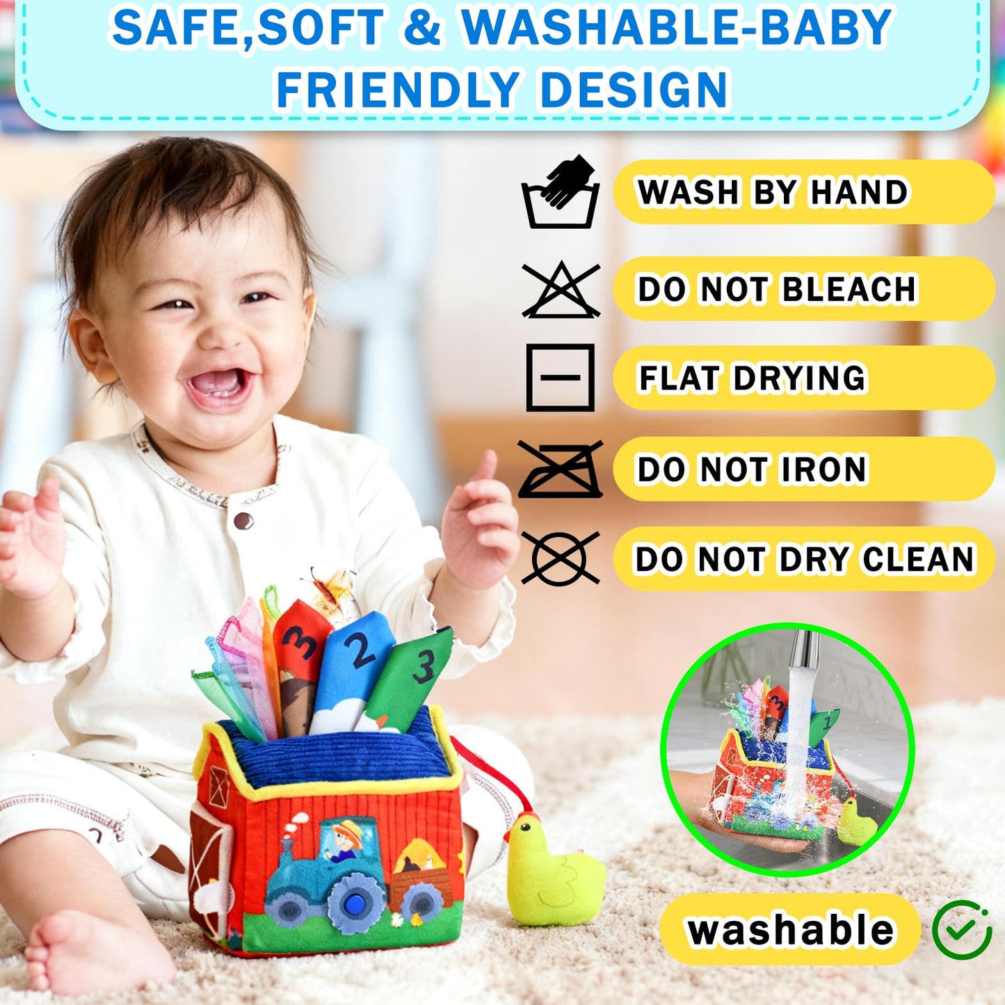 weirtoya Baby Tissue Box Toy-Montessori Sensory Activity Center for 6-18 Months,Farm Animals, Squeaky Sounds, Safety Mirror Play Silks, Top Choice for Baby Registry, Easter Baskets & Birthday Gifts