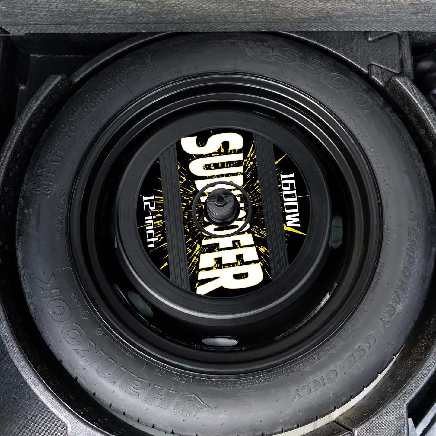 12" Active Spare Tire Subwoofer - 1600W Power, Plug & Play Car Subwoofer with Remote Control | Specifically Designed for Spare Tire Well | Deep Bass Car Amplifier Audio System, Easy Installation