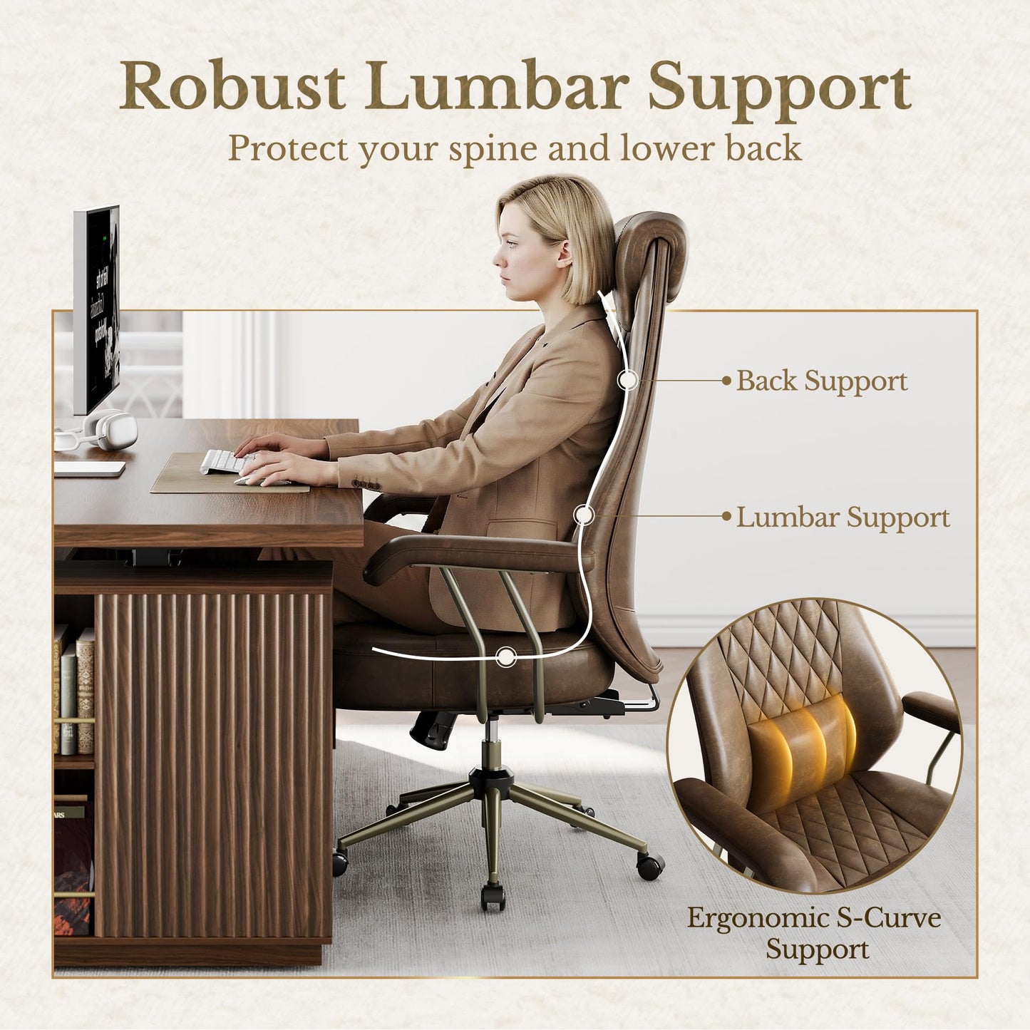 Perledesign High Back Executive Office Chair with Integrated Headrest & Lumbar Support - Ergonomic PU Leather Desk Chair, Adjustable Swivel Computer Chair with Recline Function for Home Office, Brown