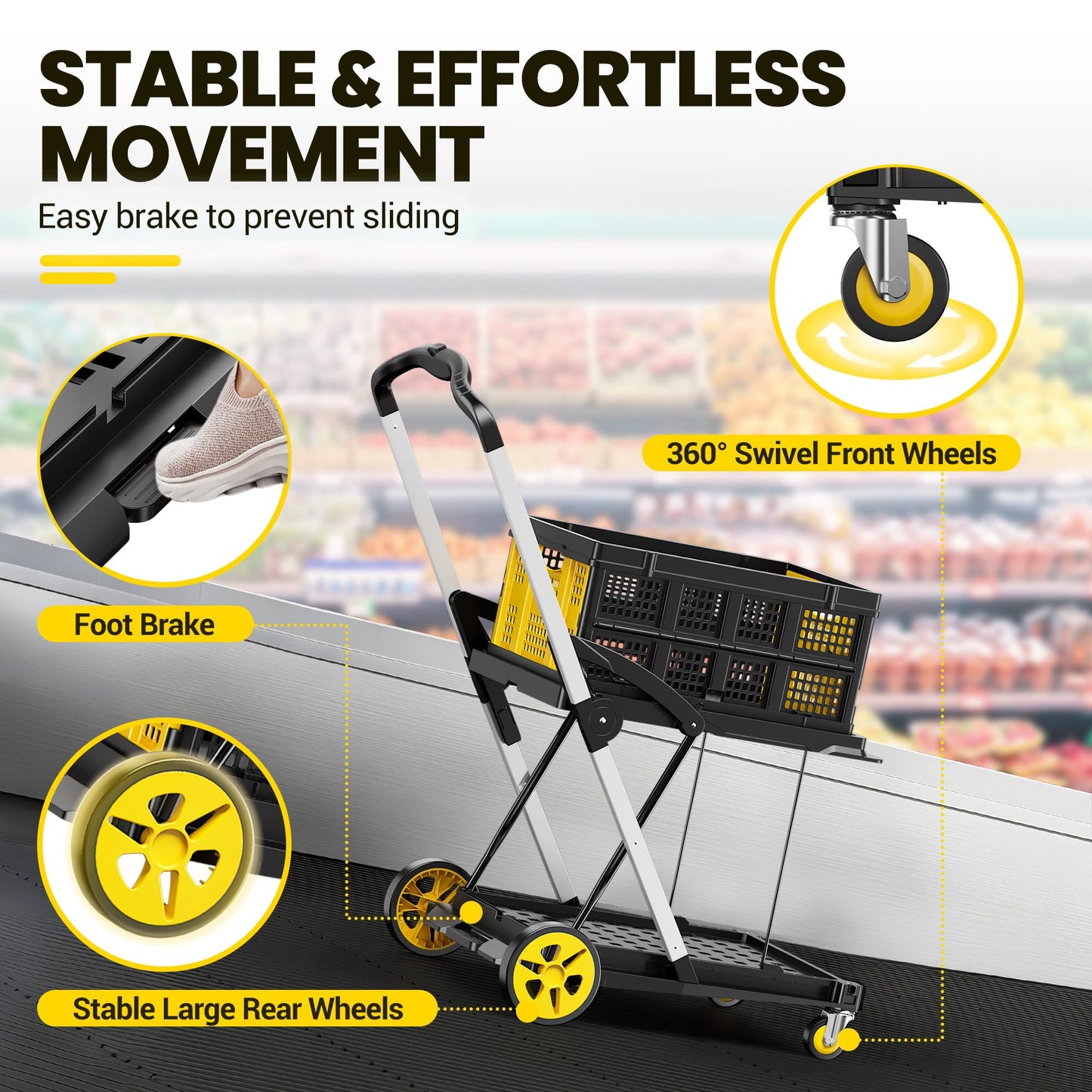 Collapsible Shopping Cart, 8-in-1 200LBS Multi Functional Utility Cart with 1 Storage Crate, Adjustable Handle Grocery Cart on Wheels for Shopping/Warehouse/Office/Supermarket - Yellow