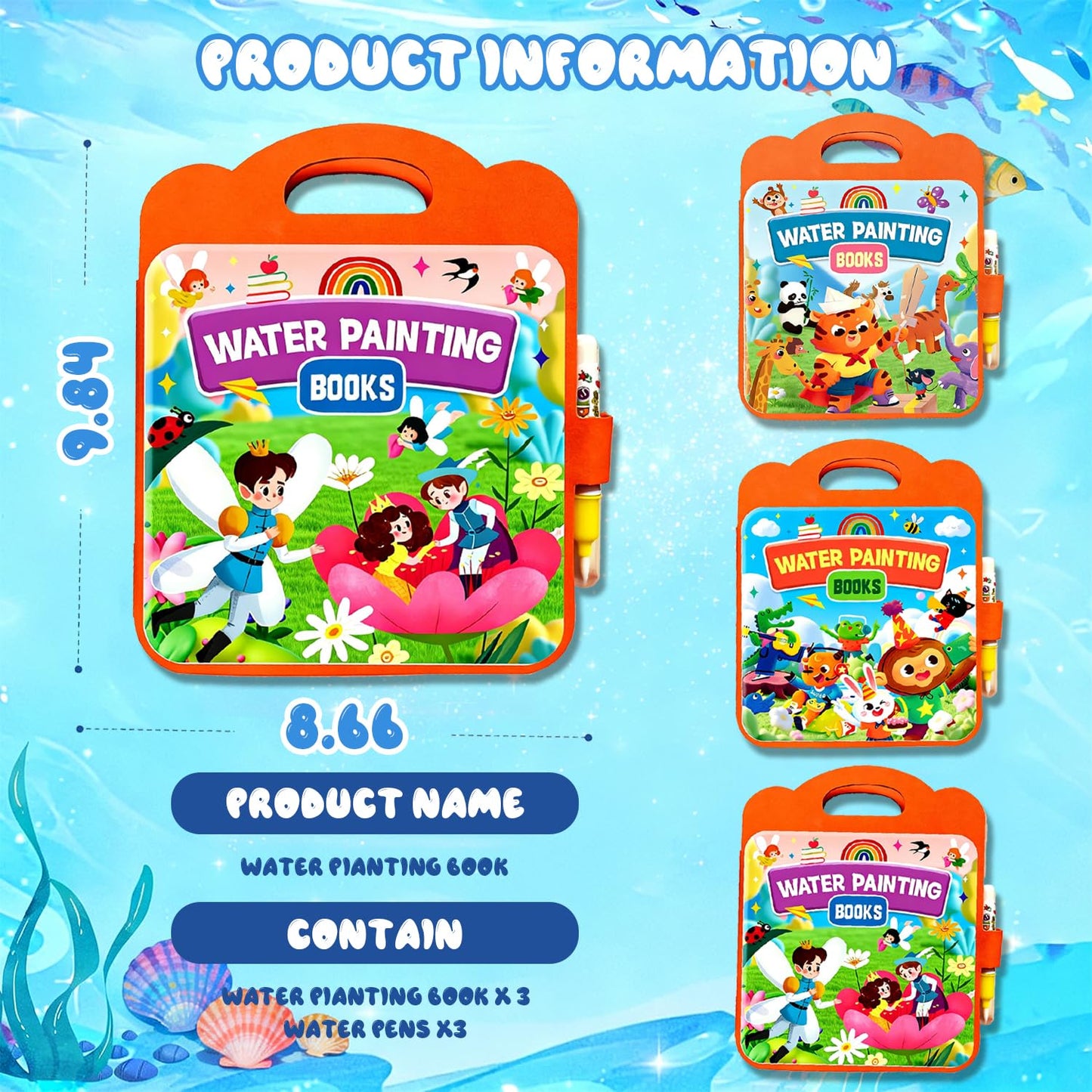 Usmfuie 3 Pcs Reusable Water Painting Book for Toddlers, Water Coloring Books for Kids, Paint with Water Books, Magic Water Color Paint Book with Pen, Water Doodle Book Travel Toys