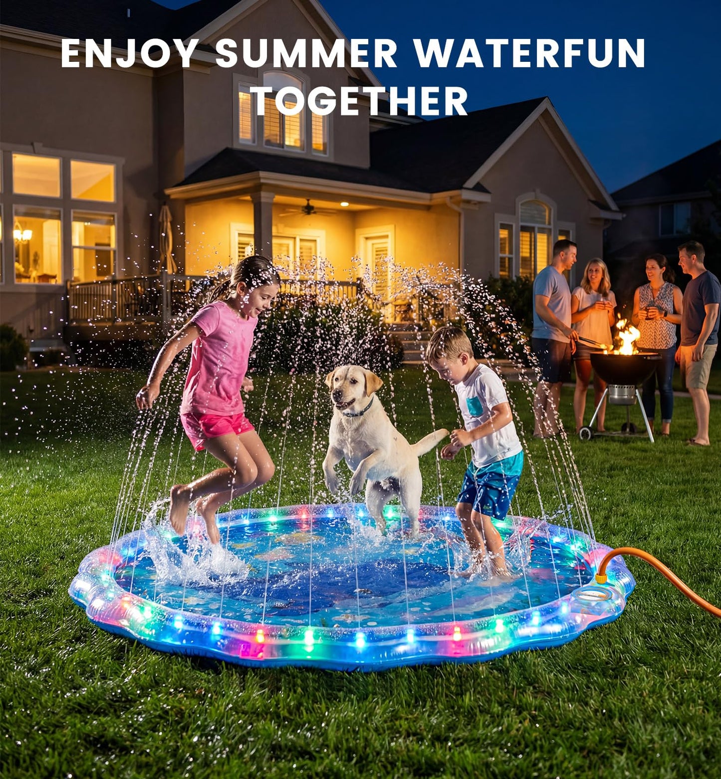 Dsquu LED Glowing Splash Pad Sprinkler for Kids & Dogs, 60" Non-Slip Outdoor Water Toys Toddler Sprinkler Pool Splash Pad/Play Mat,LED Light Boys Girls Yard Sprinkler Pool for Kids