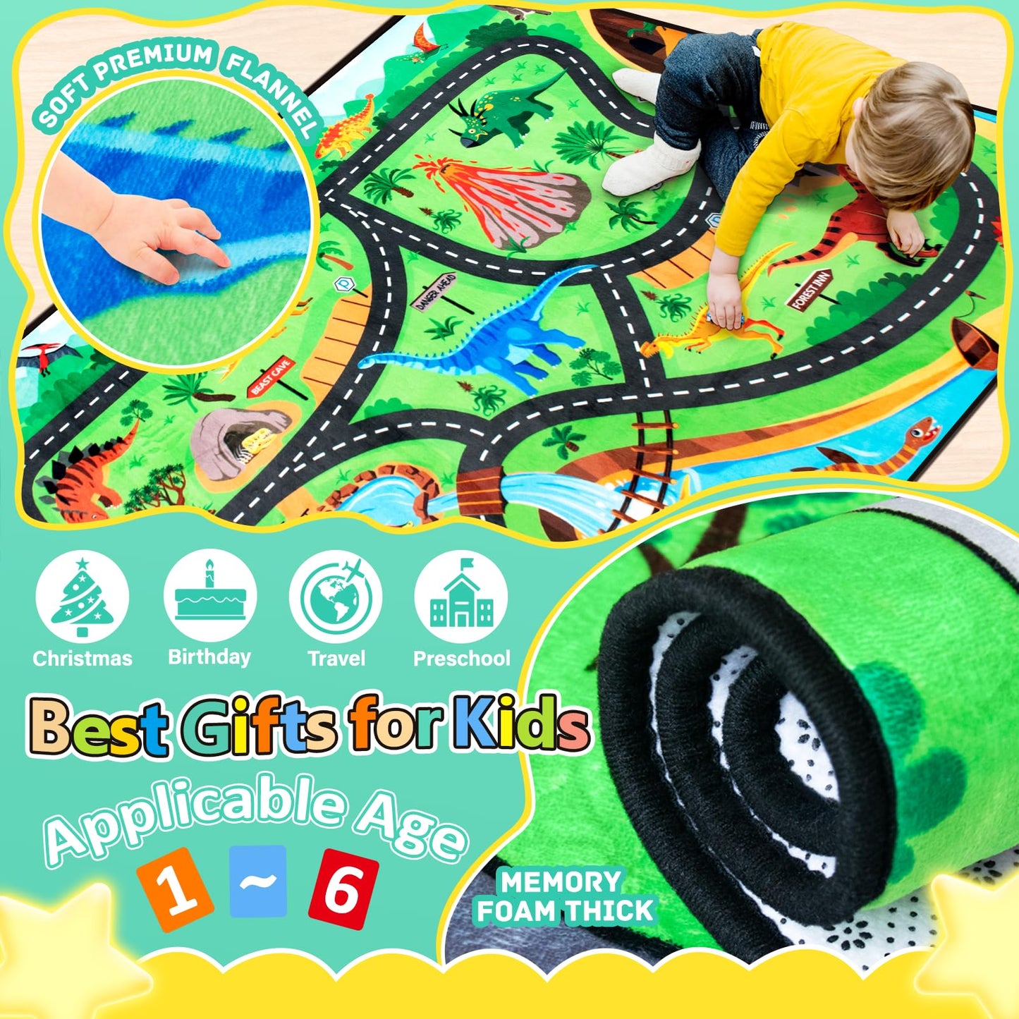 Diysani Kids Rug, Car Carpet for Kids' Toy Cars, 6x9 Ft Dinosaur Rug, Dino Safari Road Mat for Playroom, Educational Learning & Game Area Baby Play Mat Carpet for Children