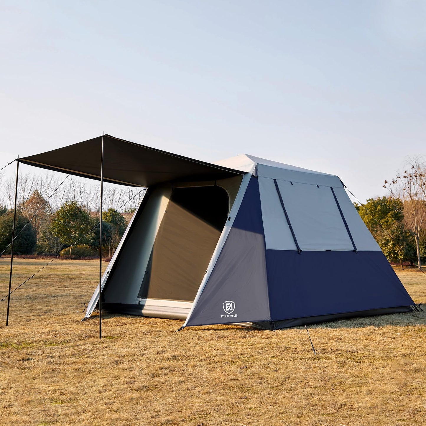 EVER ADVANCED Blackout 6 Person Camping Tent, Instant Cabin Tent for Family with Vestibule and Large Mesh Windows, 60s Easy Setup, Double Layer, Water-Resistant, Grey&Blue