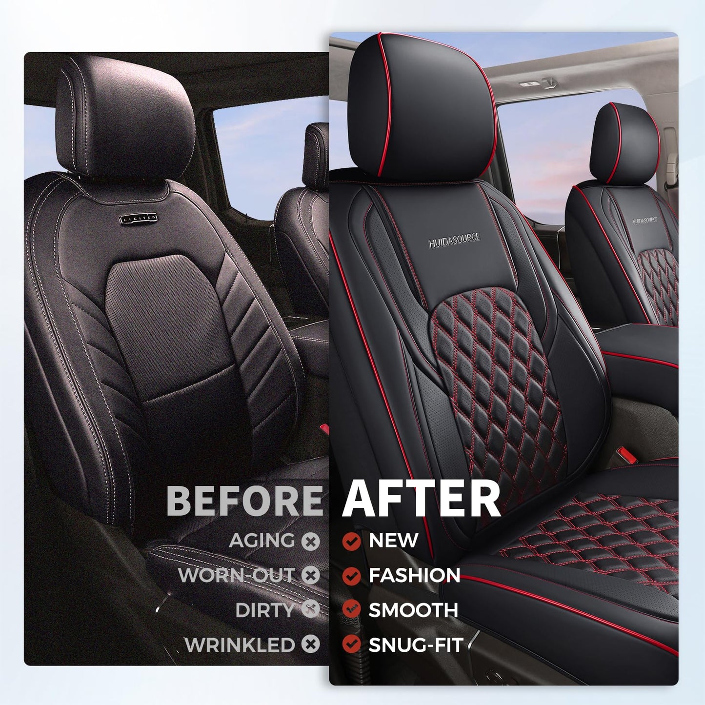 Huidasource Wrangler JK Seat Cover 4 Door, Leather Custom Car Seat Covers, Front&Rear Seat Cushion Protector Fit for Jeep Wrangler JK 4-Door Sahara Sport Rubicon 2007-2017(Full Set/Black&Red)