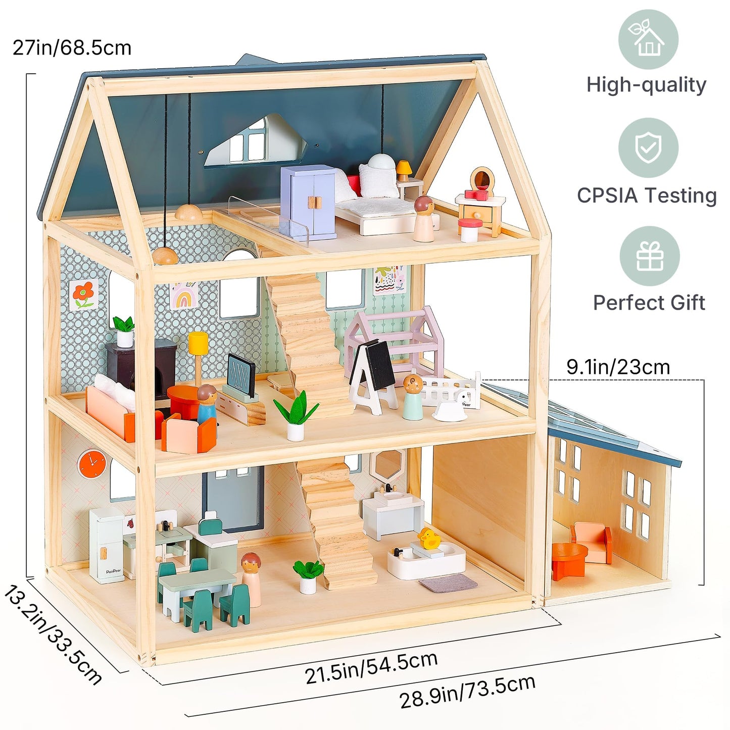 PairPear Large Wooden Dollhouse, 3 Story Play House with 64 Pieces Furniture Accessories & Garage, Pretend Play Family Dollhouse Gift for Kids 3+