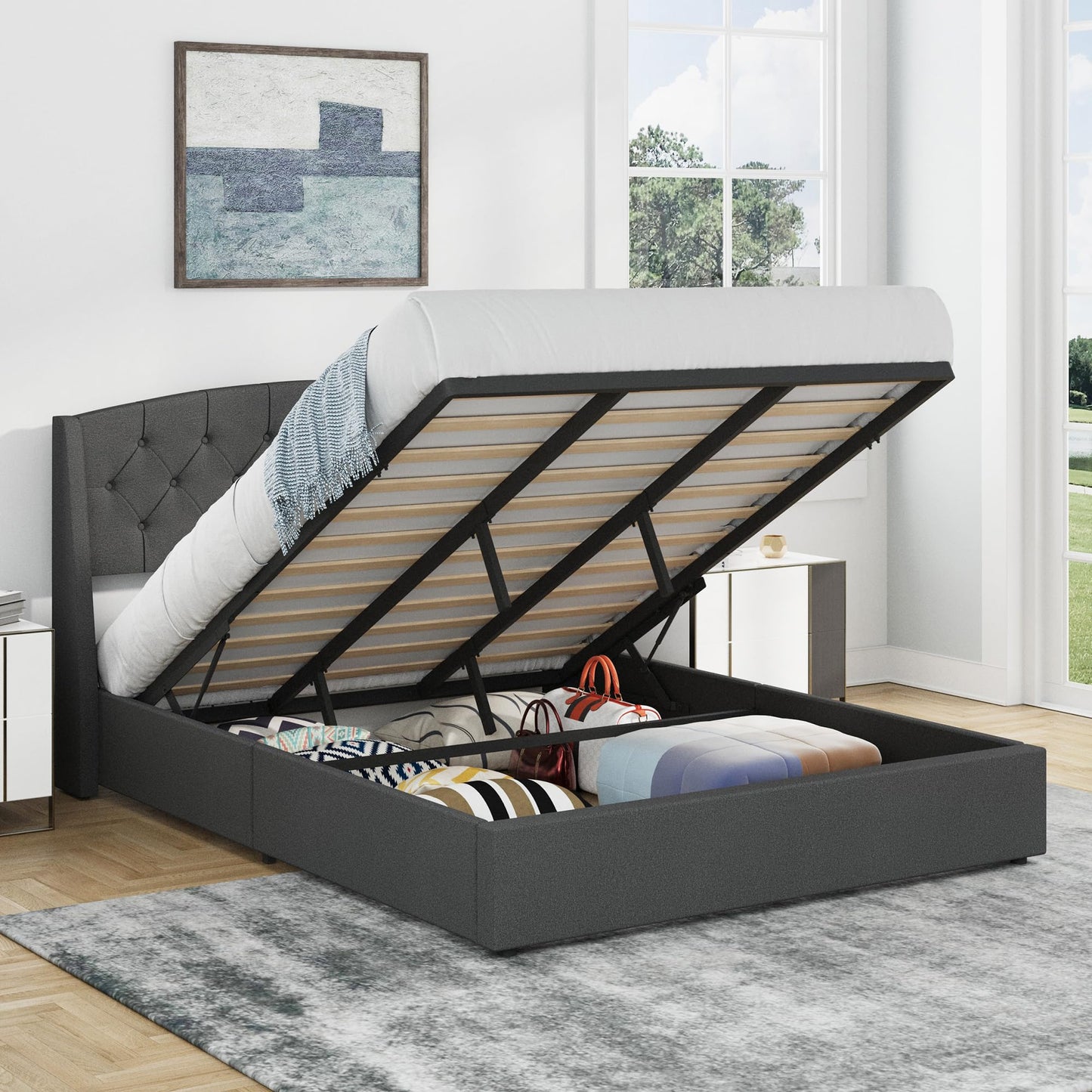EGOHOME King Size Metal Bed Frame,Hydraulic Lift System and Modern Wingback Design,Heavy-Duty Steel Construction & 900lb Capacity,Effortless Assembly with Ratchet Wrench,No Box Spring Needed,Dark Grey