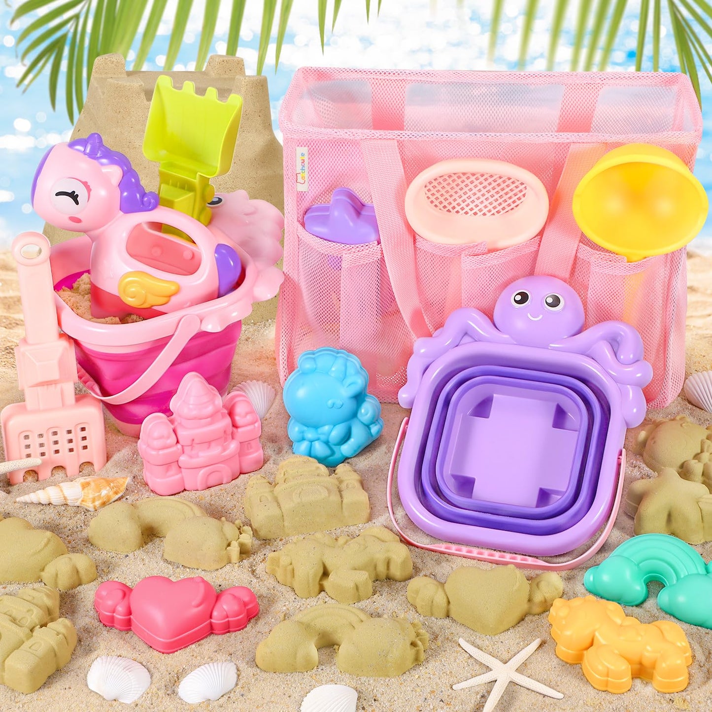 CatchCute Unicorn Collapsible Beach Toys,Sand Toys Set with Animal Foldable Buckets,Shovels,Sifter,Sand Molds,Castle Building Kit & Mesh Storage Bag,Beach Travel Essentials for Kids Toddlers