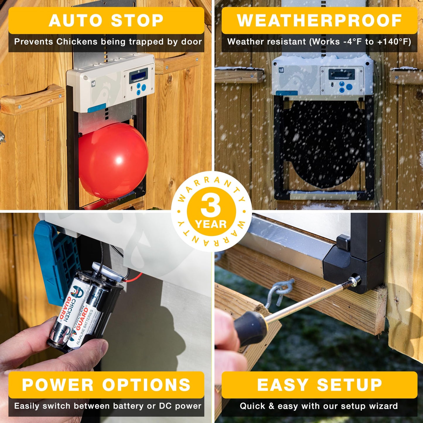 Automatic Chicken Coop Door Opener, ChickenGuard One in All 4 Colours, Timer/Light Sensing, Winter Mode, Auto-Stop & Predator Proof, 3 Power Options, Solar, Battery or Electric (Green + Batteries)