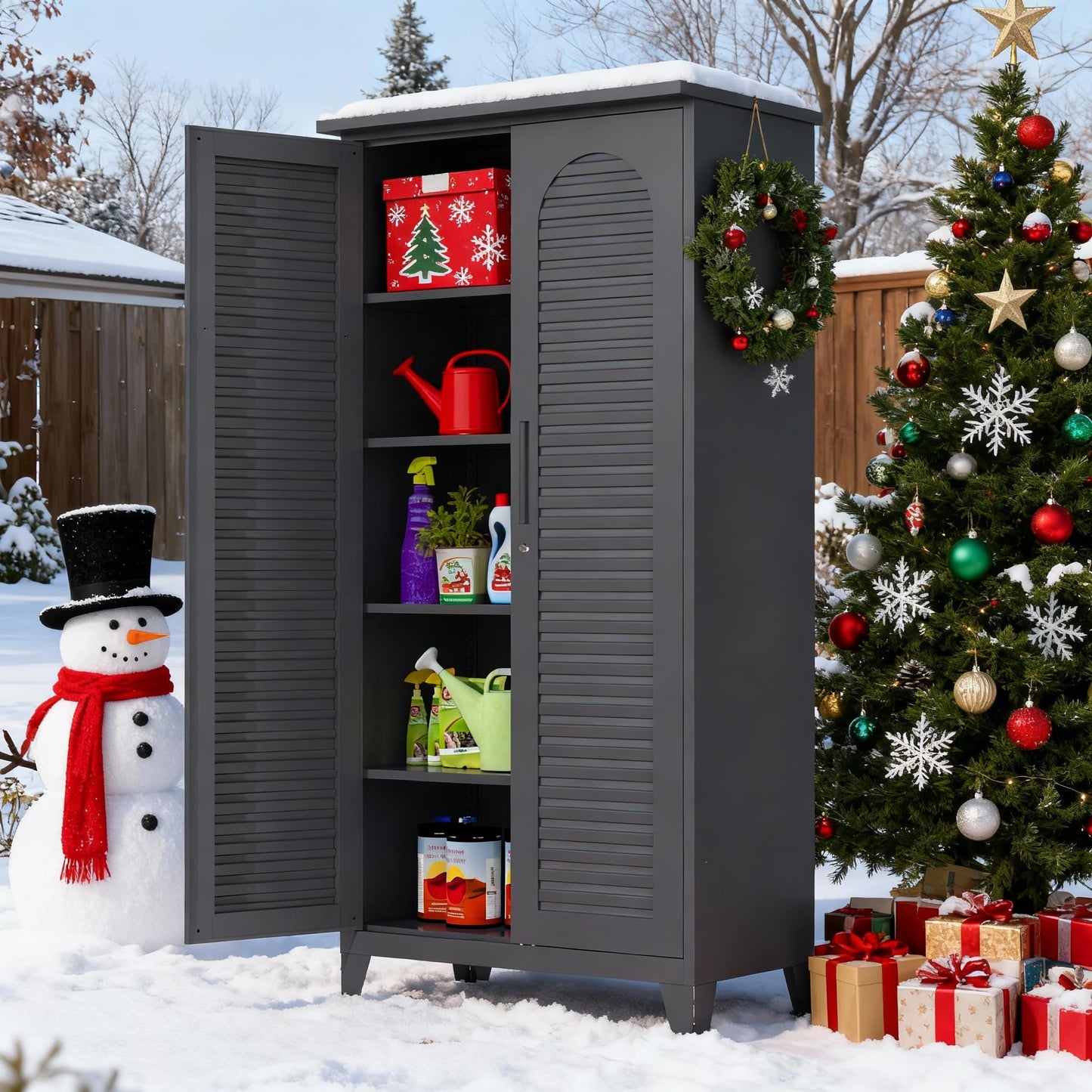 Shutter Metal Storage Cabinet,Waterproof 73'' Tall Freestanding Tool Chest w/ 3 Adjustable Shelves,Locking Doors,2 Hanging Rod,Utility Garage Storage Tool Cabinet for Garage,Home,Office,Outdoor,Black