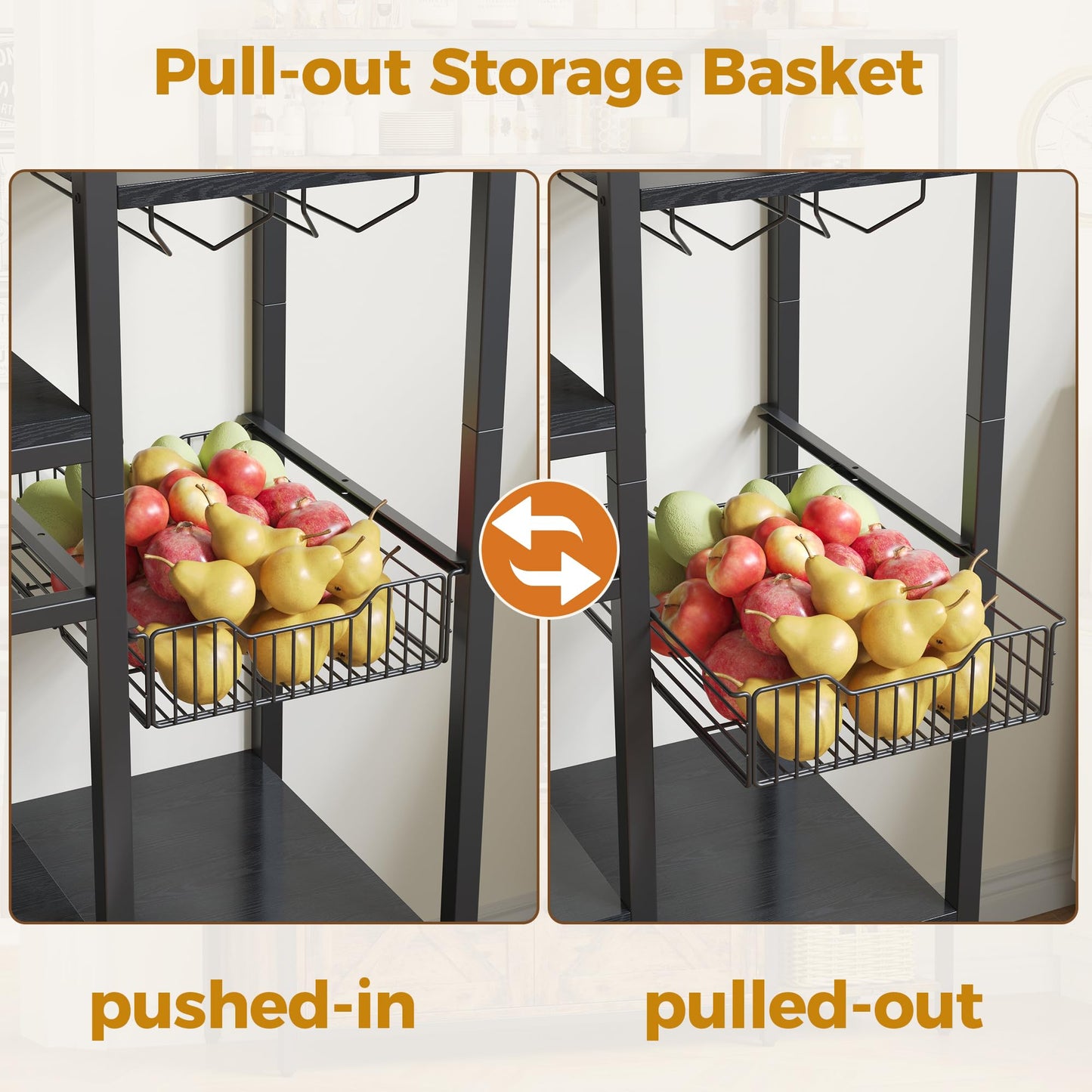 IRONCK Bakers Rack with Power Outlet, Kitchen Microwave Stand with Storage Cabinet, 47.24 Inch Coffee Bar Cabinet, Kitchen Racks with Shelves, LED Light, Globlet Holder and Wine Basket, Black