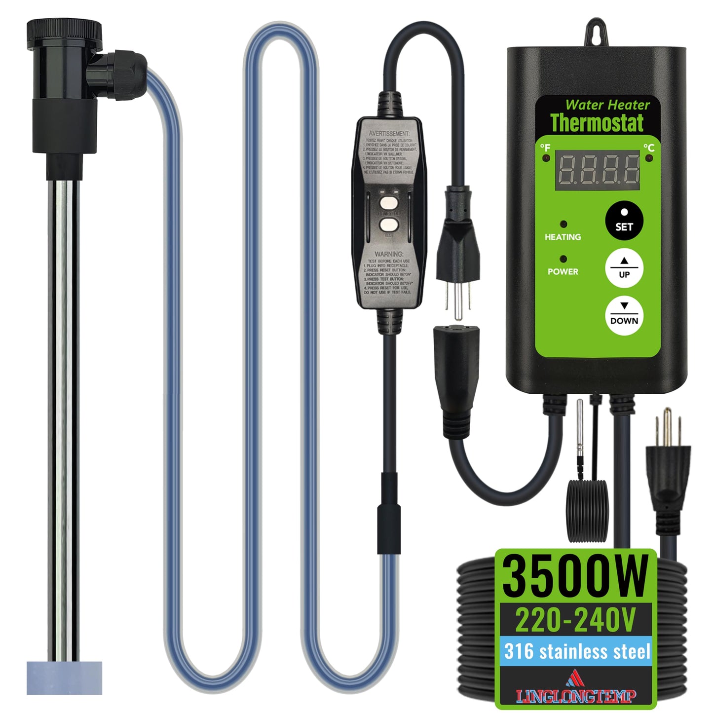 LINGLONGTEMP 240V 3500W Fully Submersible, Electric Hot Tub & Swimming Pool Immersion Water Heater with Temp Control & GFCI for Baptismal Pool, Baptistry, Above Ground Pool, Inflatable Pool & spa tub