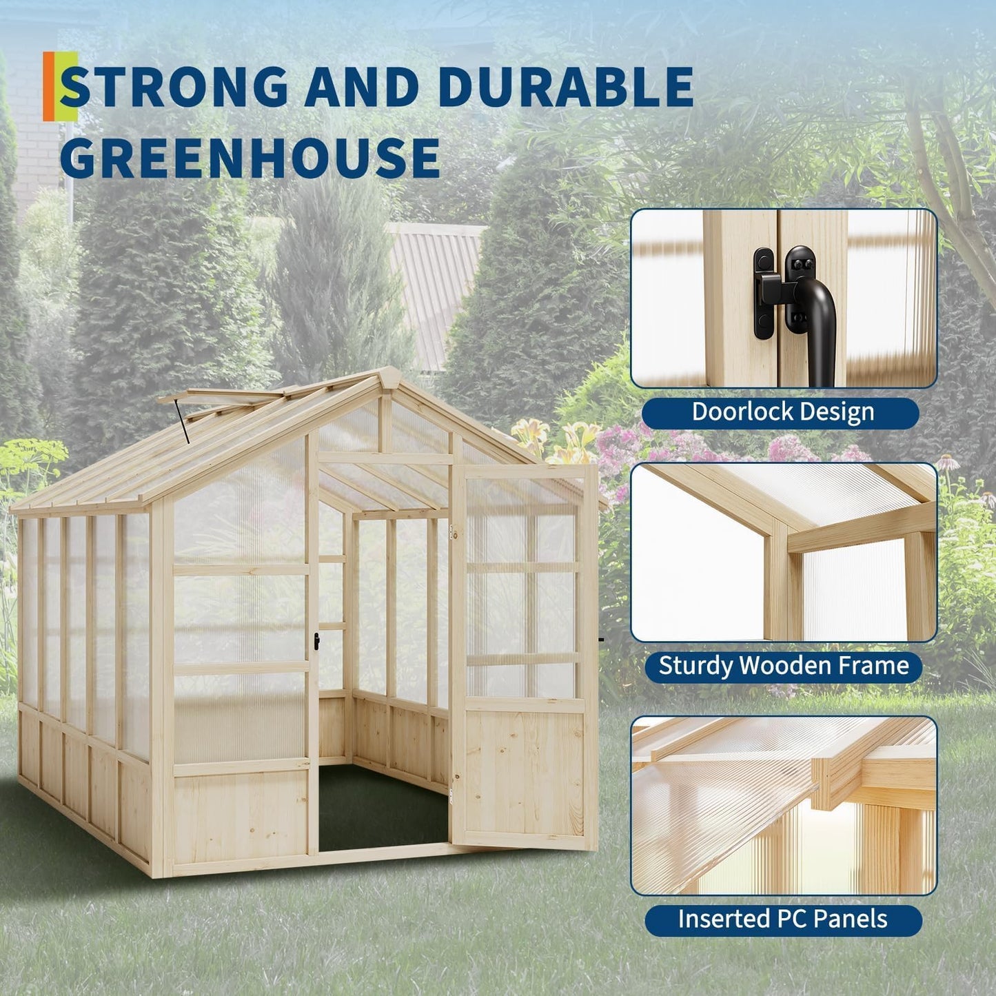 Wooden Greenhouse 8x10 FT, Heavy Duty Greenhouses with Lockable Door and Polycarbonate Panel for Outdoors, Wood Frame & Adjustable Vent, Large Walk-in Greenhouse for Gardens Yards Outside, Light Brown