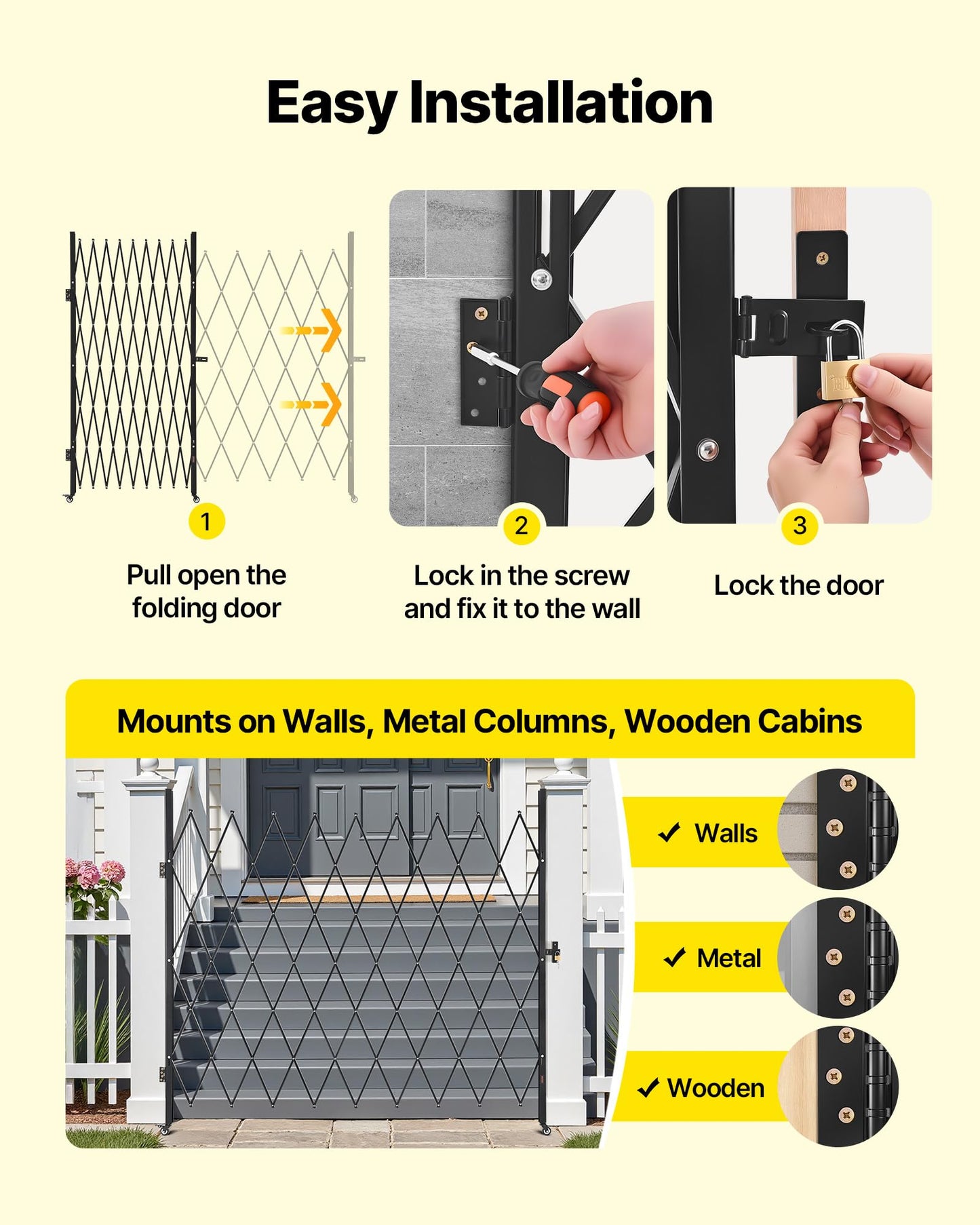 VEVOR Single Folding Security Gate, Lockable Scissor Gate with 360° Swivel Casters, Outdoor Barricade Steel Retractable Gates, for Entry Security, Garage, Warehouse & Pool, 86.61 x 86.81 in (W x H)