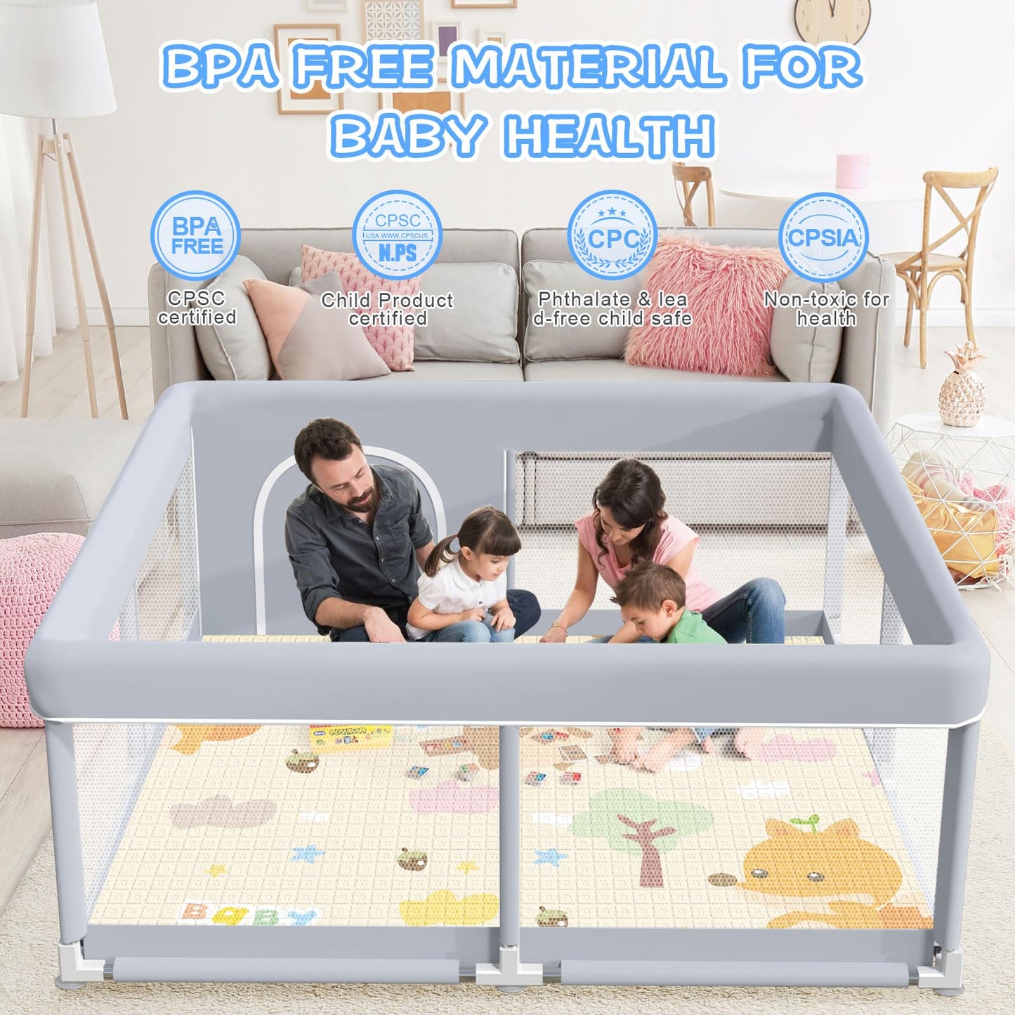 XVISHX Baby Playpen with Mat, 50x50 Inch Play Pen, Playpen for Babies and Toddlers, Baby Playard for Indoor & Outdoor Active Center Game Fence, with Skin-Friendly Fabric and Soft Breathable Mesh