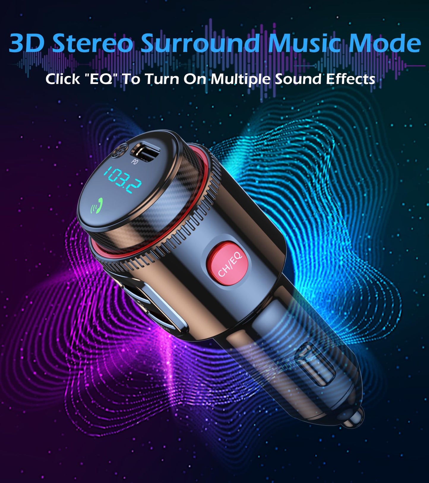 Bluetooth Car Adapter, Wireless AUX FM Transmitter, USB C&QC3.0 Dual Fast Charging, Cigarette Lighter Radio Music, Supports Hands-Free Siri Google Assistant & USB Drive, HiFi Bass Sound