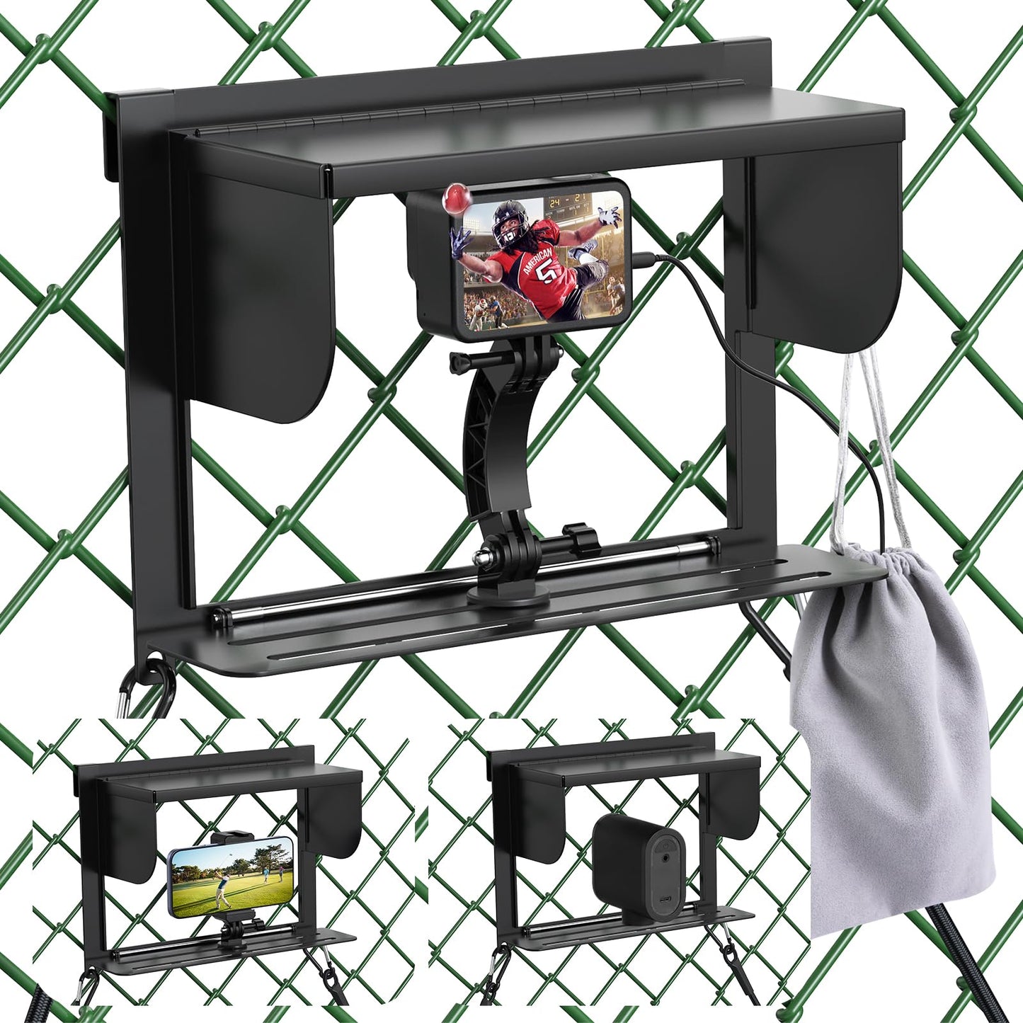 LC-dolida Foldable Phone Fence Mount with Sunshade – Ultra-Thin Portable All-in-One Kit for iPhone, GoPro, Mevo, Insta360 & Action Cameras – Stable Hands for Baseball, Football & Soccer Games