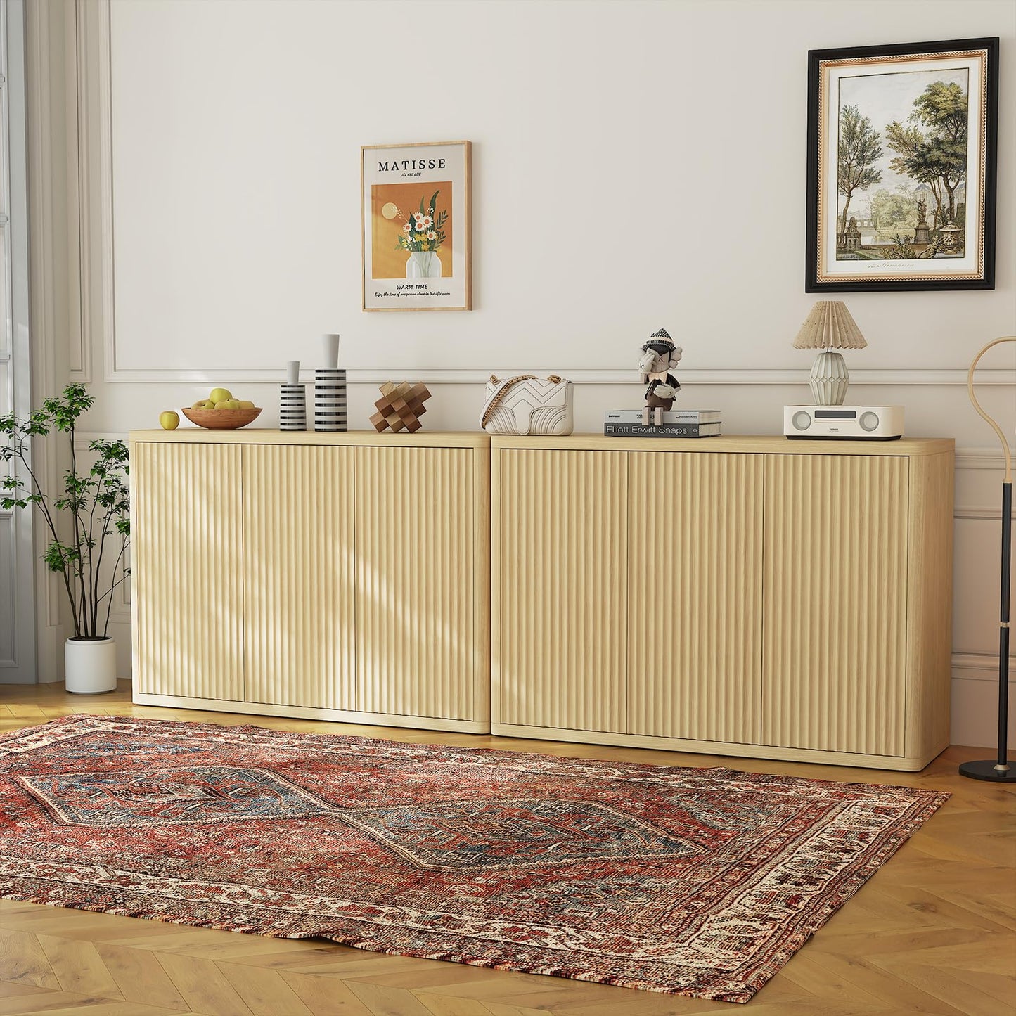 46.7 in Sideboard Buffet Cabinet with Storage, Wooden Fluted Storage Cabinet Sideboard with Adjustable Shelves and 3 Doors, Wood Accent Credenza Coffee Bar Table for Kitchen Living Room- Natural