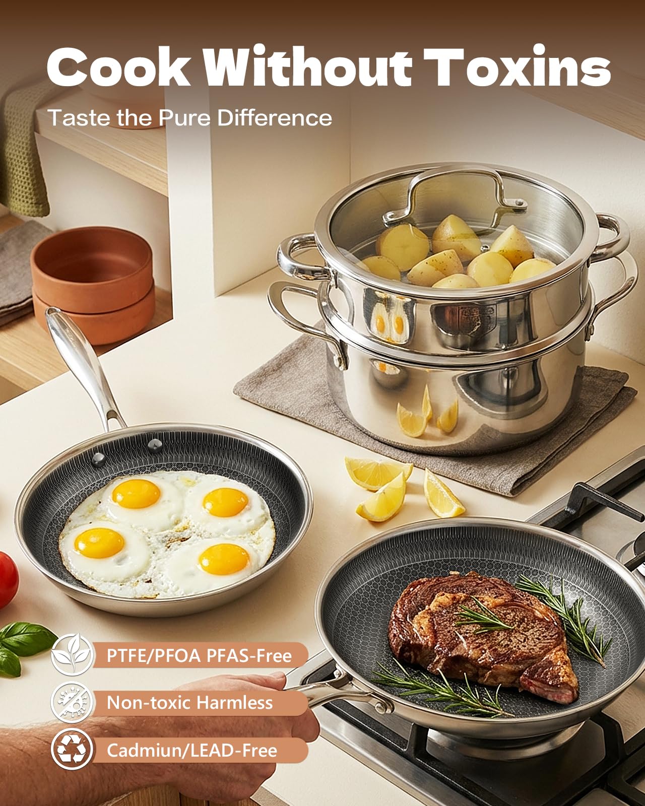 USELUCK 15 Piece Pots and Pans Set, Nonstick Tri-Ply Stainless Steel Cookware Set, Oven Safe, PFOA/PTFE Free, Dishwasher Safe, Compatible with All Cooktops