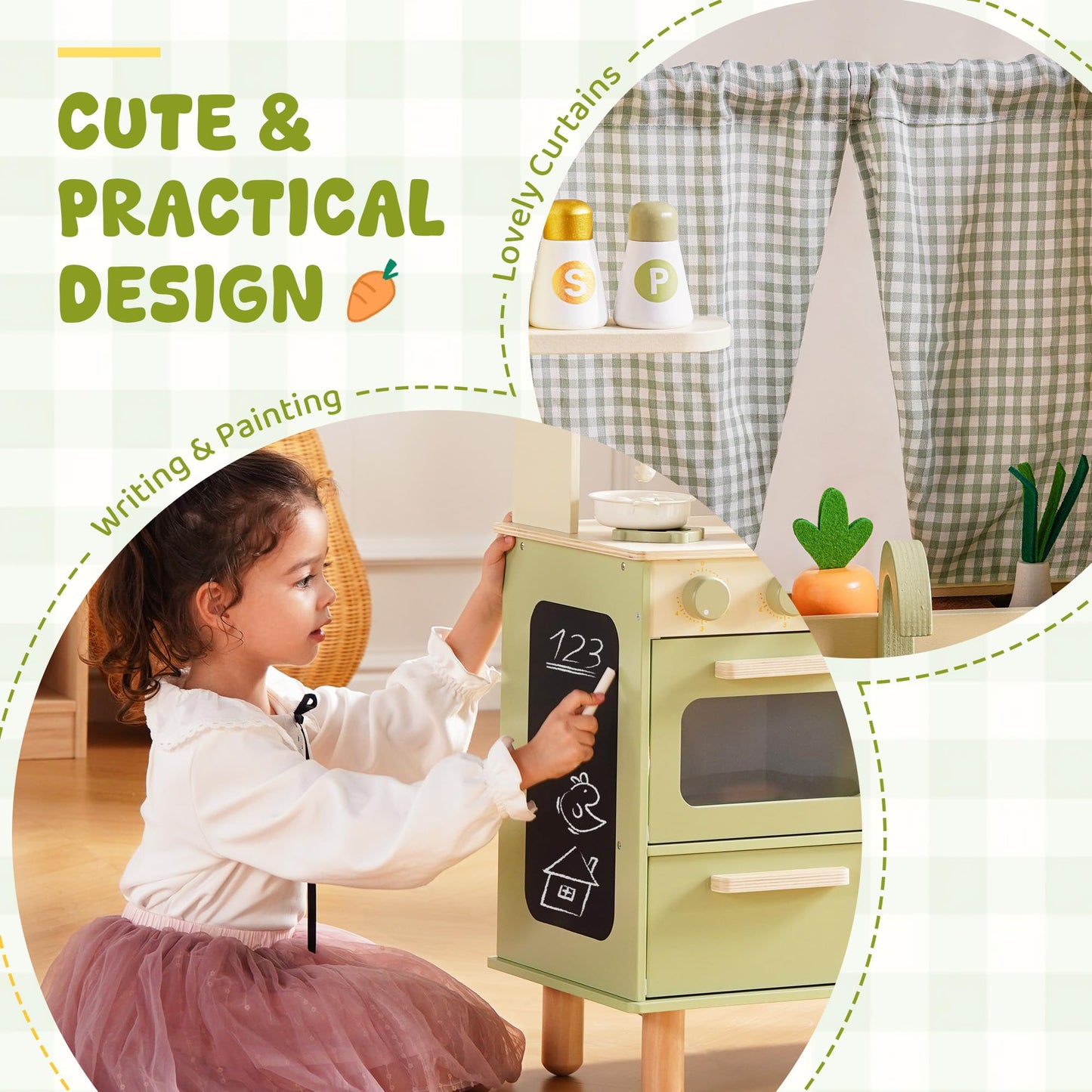 ROBUD Wooden Play Kitchen Set, Pretend Play Kitchen for Kids, Toy Kitchen with Microwave, Sink, Stove and Ice Maker, Toddlers Kitchen Playset Gift for Boys Girls, 3+ (Green)