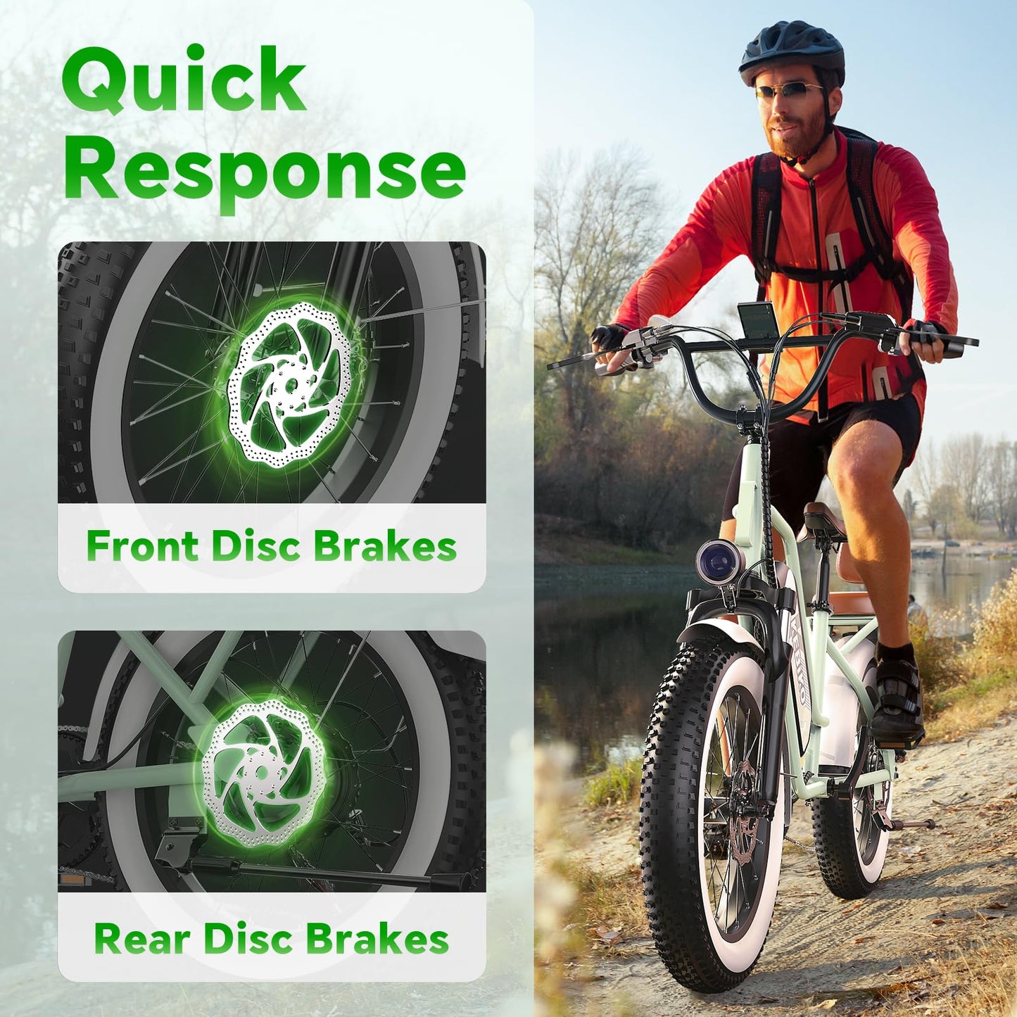 2 Seater Electric Bike, 1300W Peak (750W) Motor Ebike, 48V 20AH Removable Battery, 20"x 4.0" Fat Tire Electric Bike, Commuter Electric Bicycle for Adults,with Folding Basket, Green