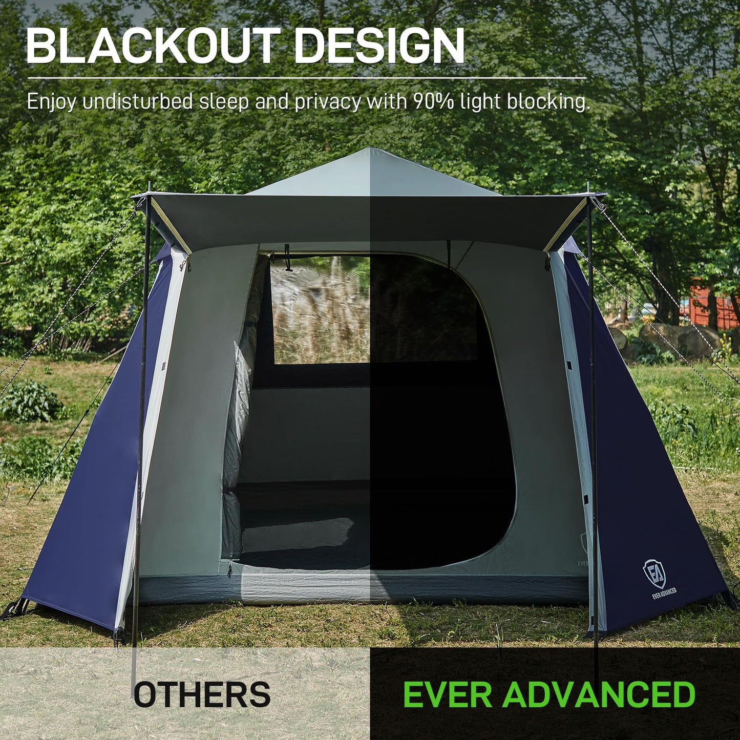 EVER ADVANCED Blackout 6 Person Camping Tent, Instant Cabin Tent for Family with Vestibule and Large Mesh Windows, 60s Easy Setup, Double Layer, Water-Resistant, Grey&Blue