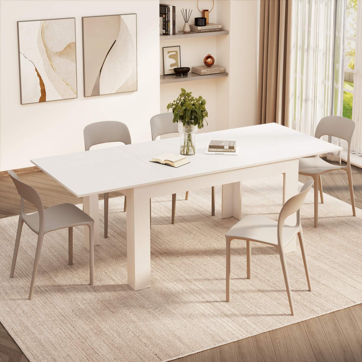 Mobili Fiver, Easy, Extendable Dining Table, 55.1(86.6) x35.4 in, Ashwood White, for 6-8 People, Expandable Dining Table for Kitchen, Italian Furniture
