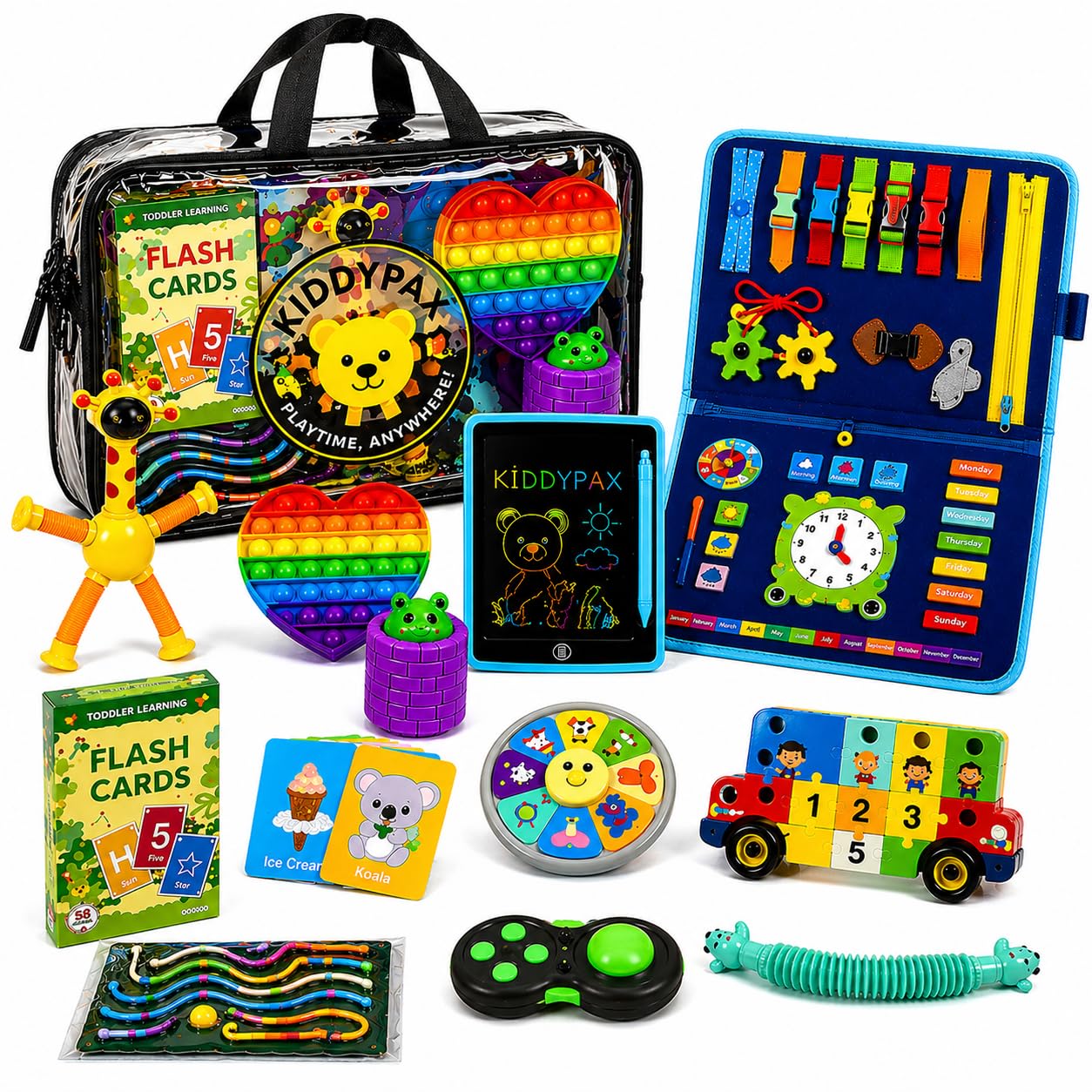 KIDDYPAX Kids Travel Activity Kit, 10-in-1 Montessori Busy Board, LCD Writing Tablet, Wooden Puzzle, Flash Cards & Sensory Fidget Toys, Screen-Free Travel Toys, Gift for Kids Ages 3–10