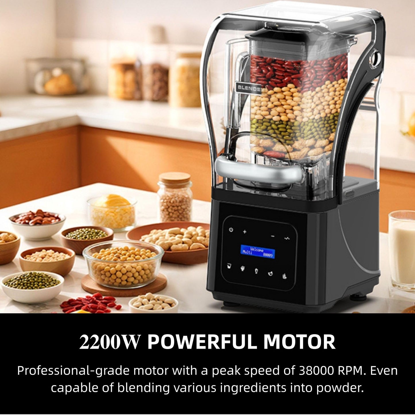 Professional Commercial Blender for Kitchen, Heavy Duty Quiet Shield, 2200W Motor, 6 Food Grade Blade, 60 Oz Pitcher, 5 in 1 Functions Countertop Blender for Ice Crush, Smoothies, Shakes, Spreads
