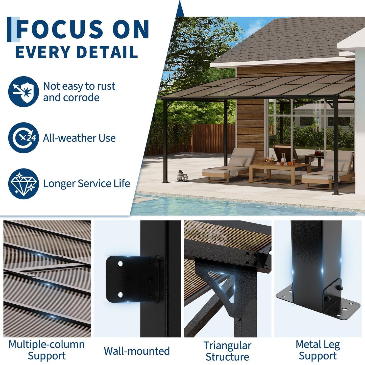 PeakPursuit Wall-Mounted Hardtop Gazebo Pergola - Heavy Duty Aluminum Frame - Waterproof Lean-to Patio Awning with UV Protection - Outdoor Shelter for Deck, Porch, Backyard - 10 * 14FT