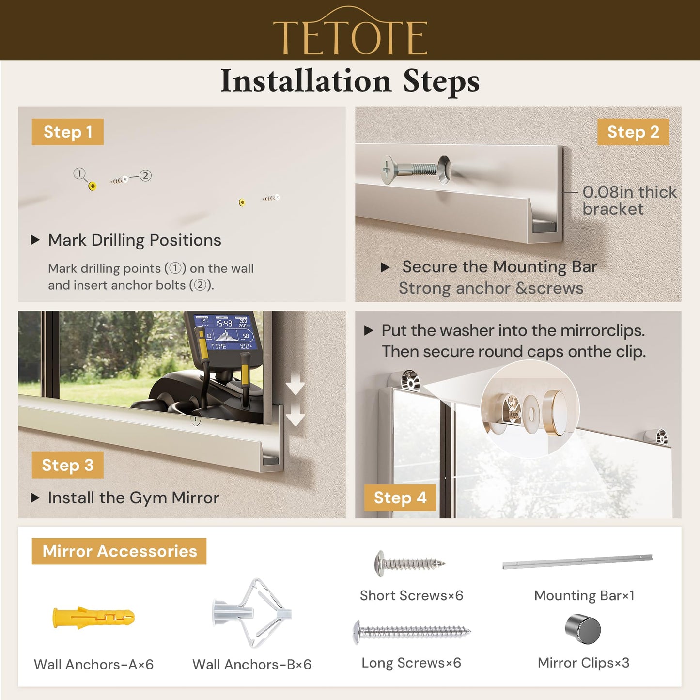 TETOTE Home Gym Mirror 48" x 24" x 2PCS, Large Full Body Mirror for Fitness, Yoga, Dance, Wall Mounted for Garage, Dance Studio, Bedroom, Oversized Frameless, 2 PCS