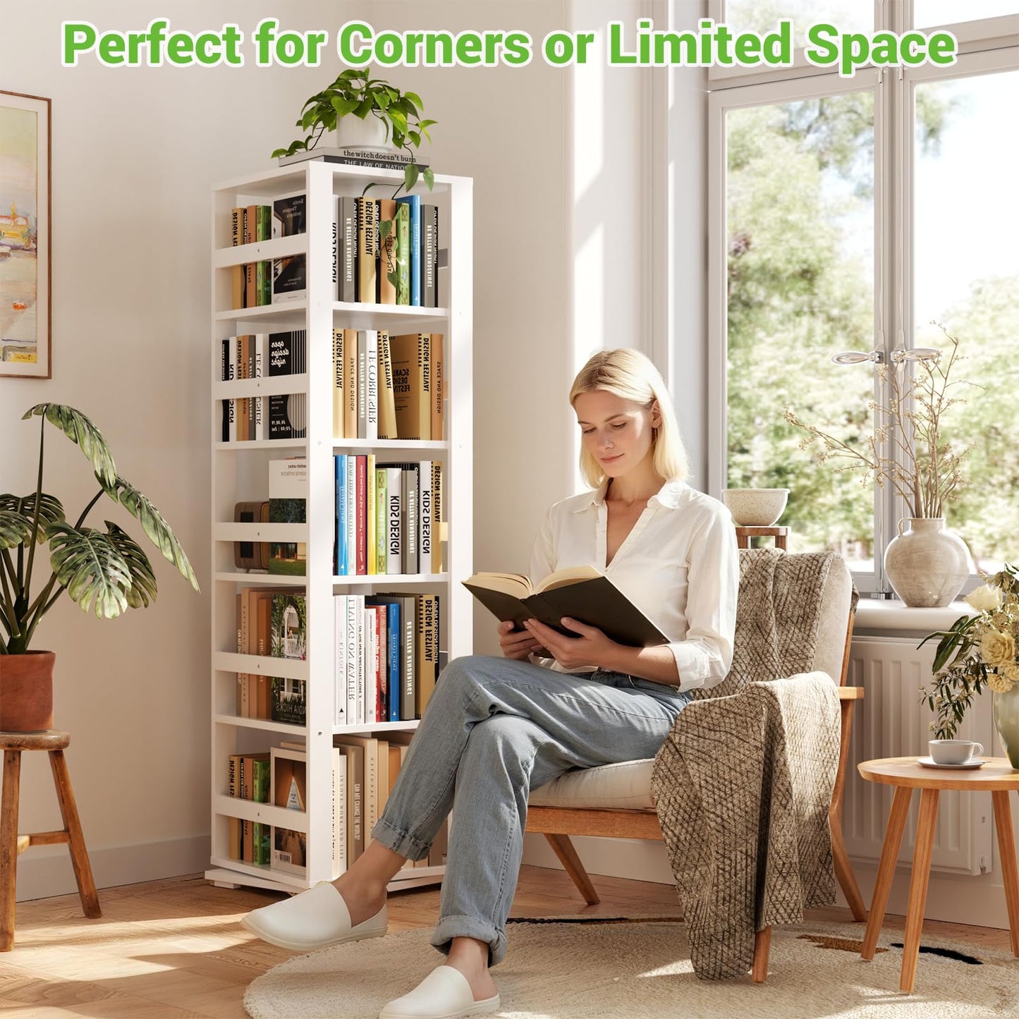Homykic Rotating Bookshelf, Bamboo 360 Display Spinning Bookshelf Tower, 5-Tier Small Corner Bookcase for Small Spaces, Narrow Revolving Book Shelf Organizer Rack for Home Office, White